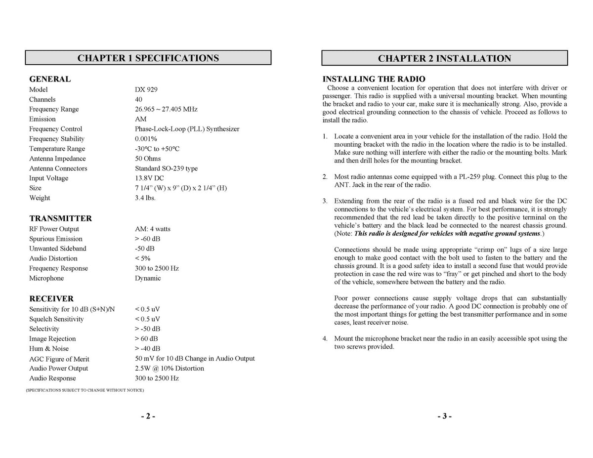 GALAXY DX 929 CB Mobile Transceiver Owners Manual - WIRE BOUND - TOUGH COVERS