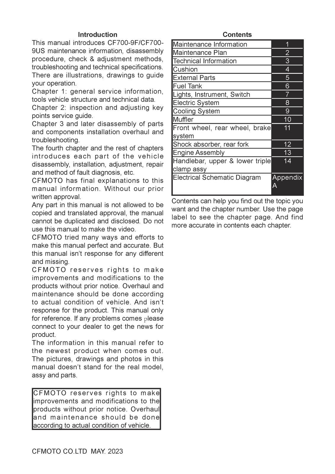 CFMOTO CF700-9F CF700-9US 700MT Service Manual 2023 - BOUND - COVERS - FOLDOUTS