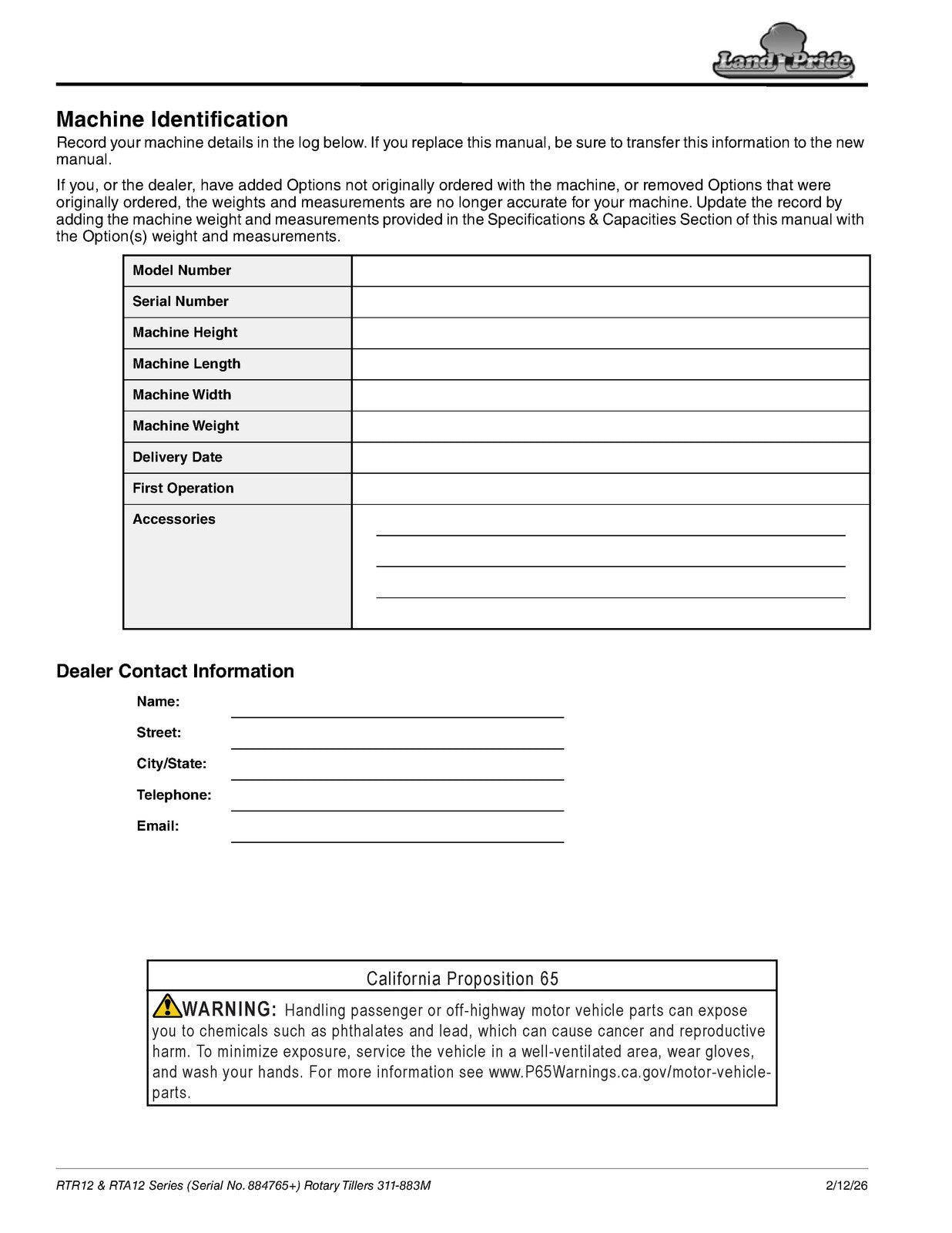 LAND PRIDE RTA12 Series Forward Rotation Rotary Tillers Operators Manual - BOUND