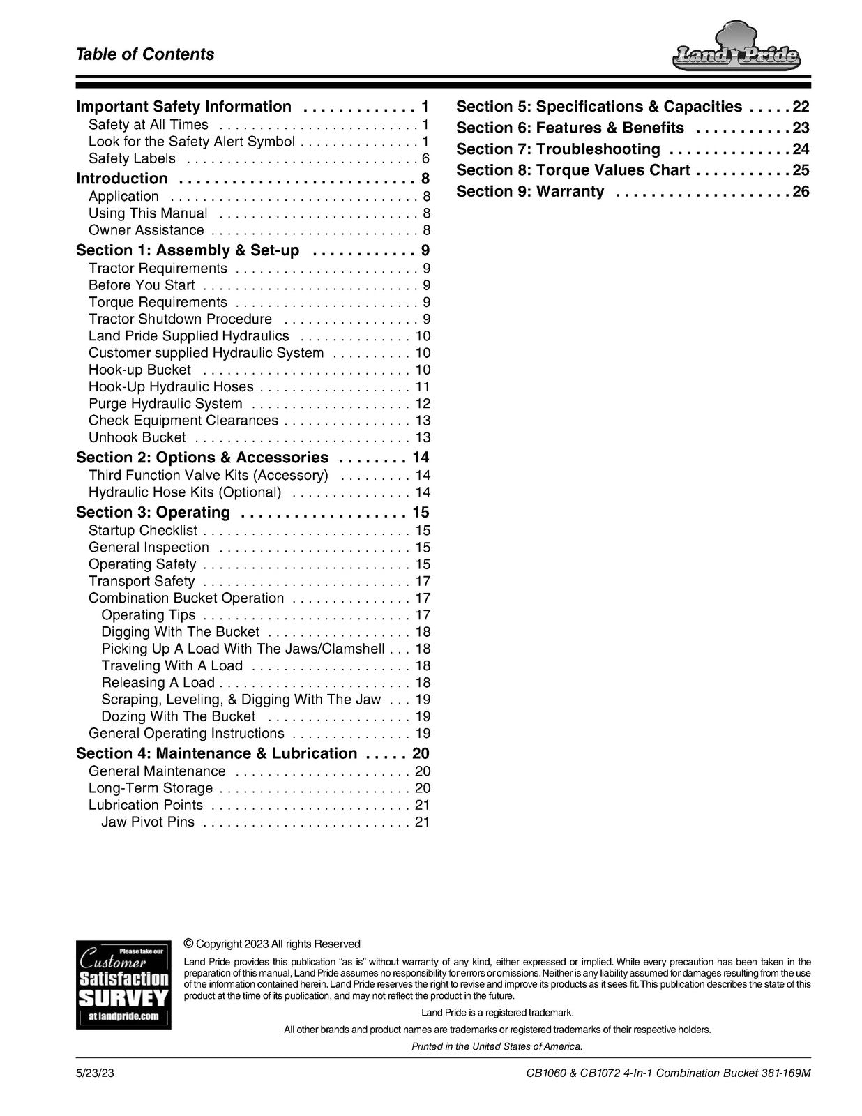 LAND PRIDE CB10 Series Combination Bucket Operators Manual - WIRE BOUND - COVERS