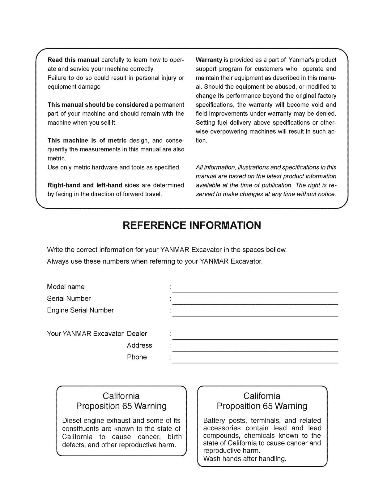 YANMAR ViO45-5B ViO55-5B Excavator Operation Maintenance Manual - WIRE BOUND