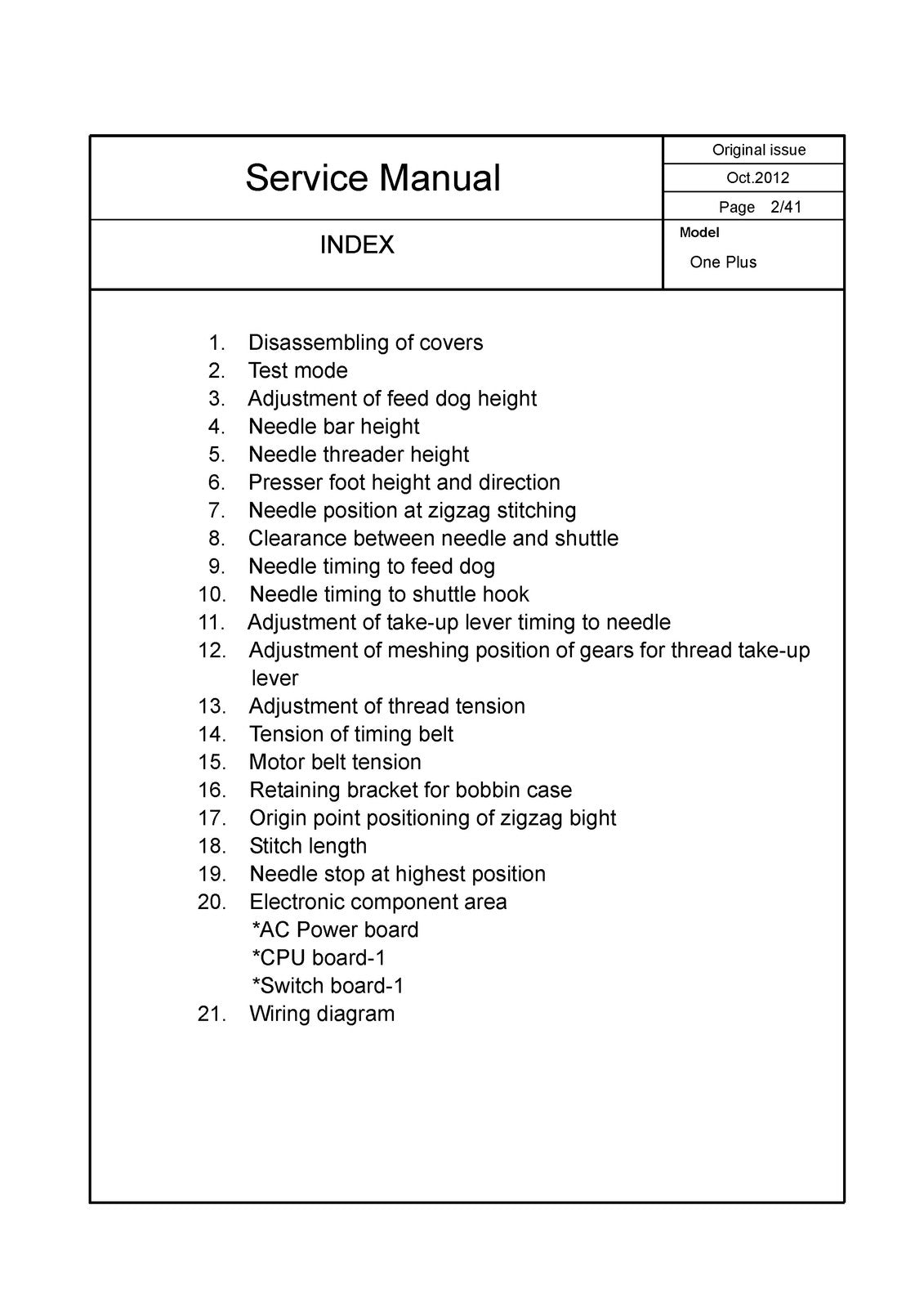 SINGER One Plus Sewing Machine Service Manual 2012 - WIRE BOUND - TOUGH COVERS