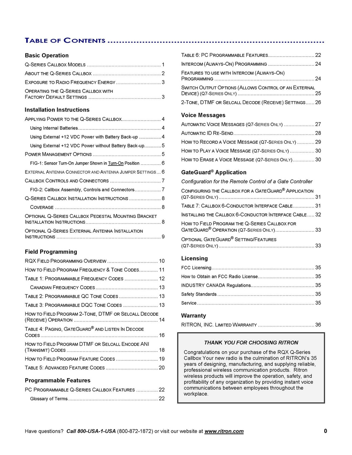 RITRON RQX Q-Series Wireless Callbox Owners Manual 2015 - WIRE BOUND - COVERS