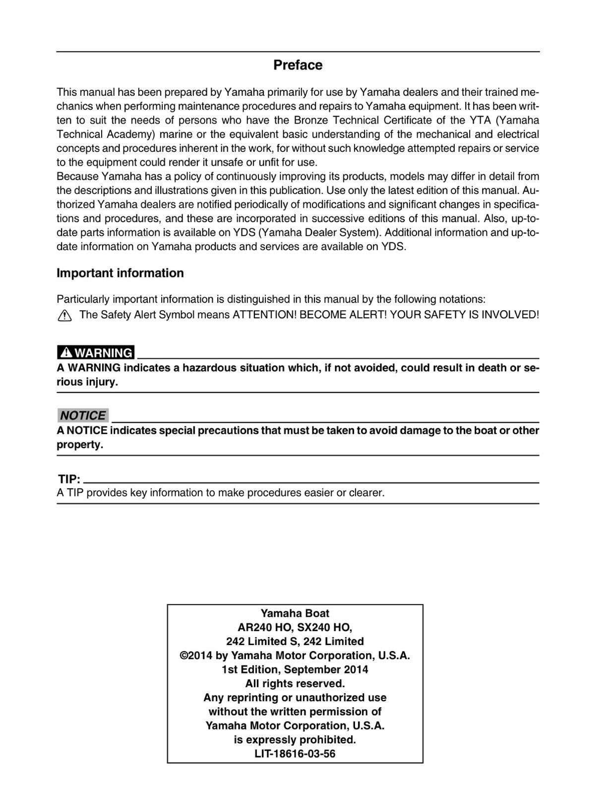 YAMAHA AR240 HO SX240 HO 242 Limited S 242 Limited Service Manual 2014-2020