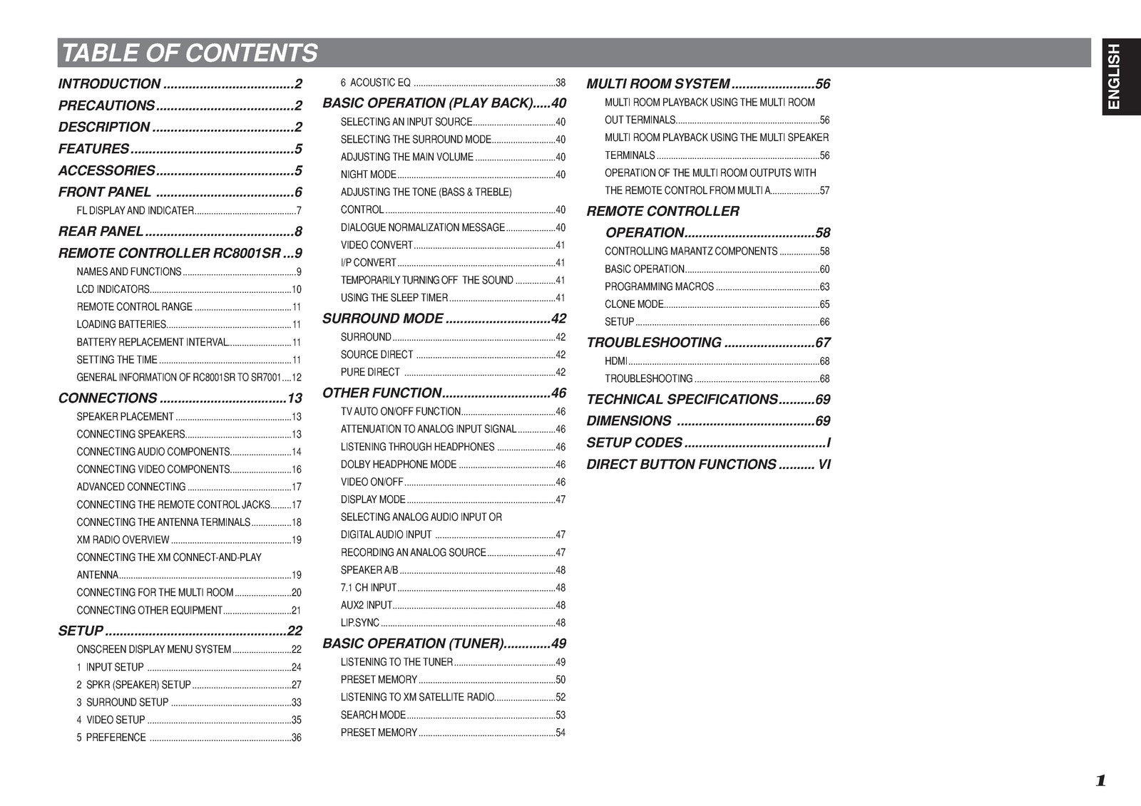 MARANTZ SR7001 SR8001 AV Surround Receiver User Guide Manual - WIRE BOUND