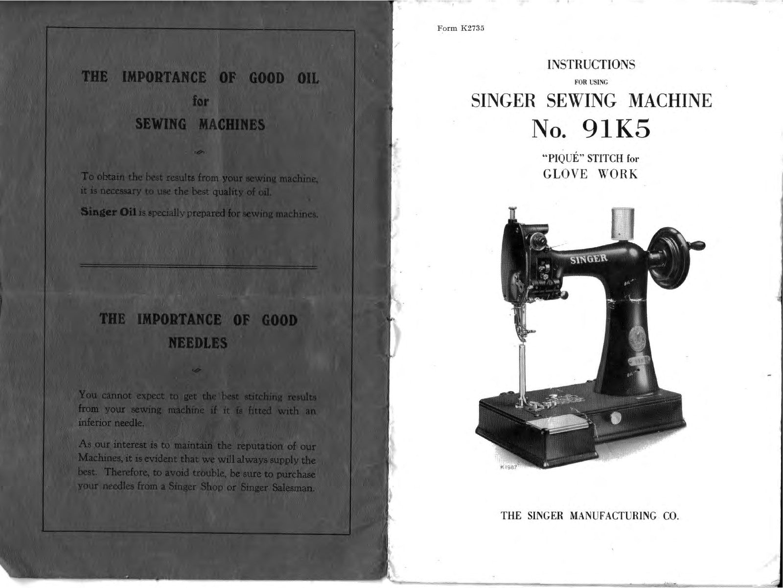 SINGER 91K5 Sewing Machine Instructions Manual - STEEL WIRE BOUND - TOUGH COVERS