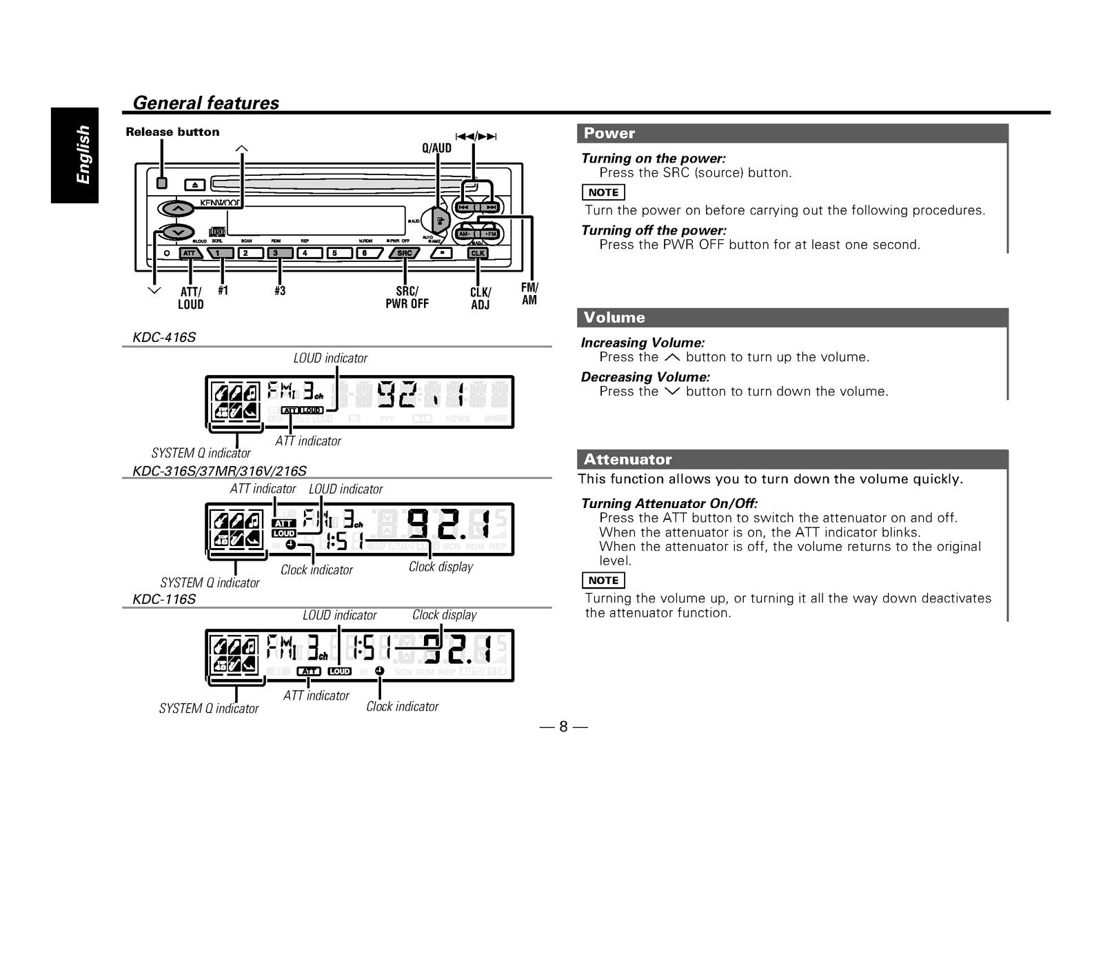 KENWOOD KDC-416S 316S 37MR 316V 216S 116S CD Receiver Instruction Manual - BOUND