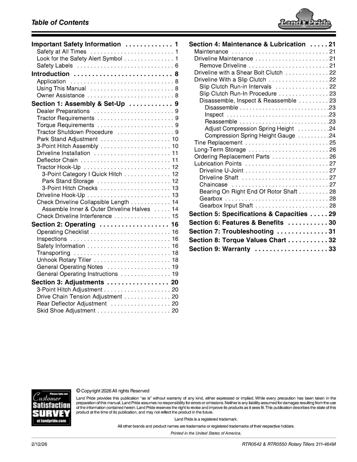 LAND PRIDE RTR05 Series Reverse Rotation Rotary Tillers Operators Manual - BOUND