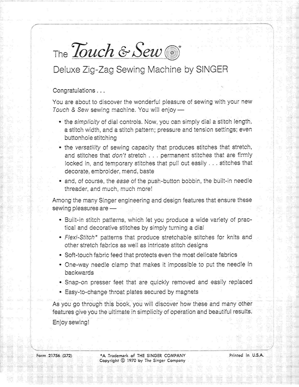 SINGER 756 Sewing Machine Instruction Manual - STEEL WIRE BOUND - TOUGH COVERS
