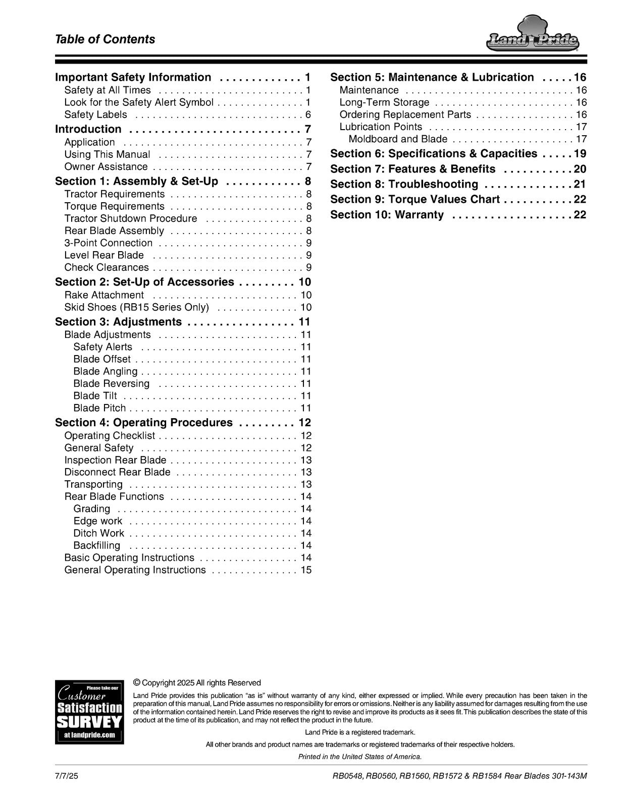 LAND PRIDE RB05 Series Rear Blades Operators Manual - WIRE BOUND - TOUGH COVERS