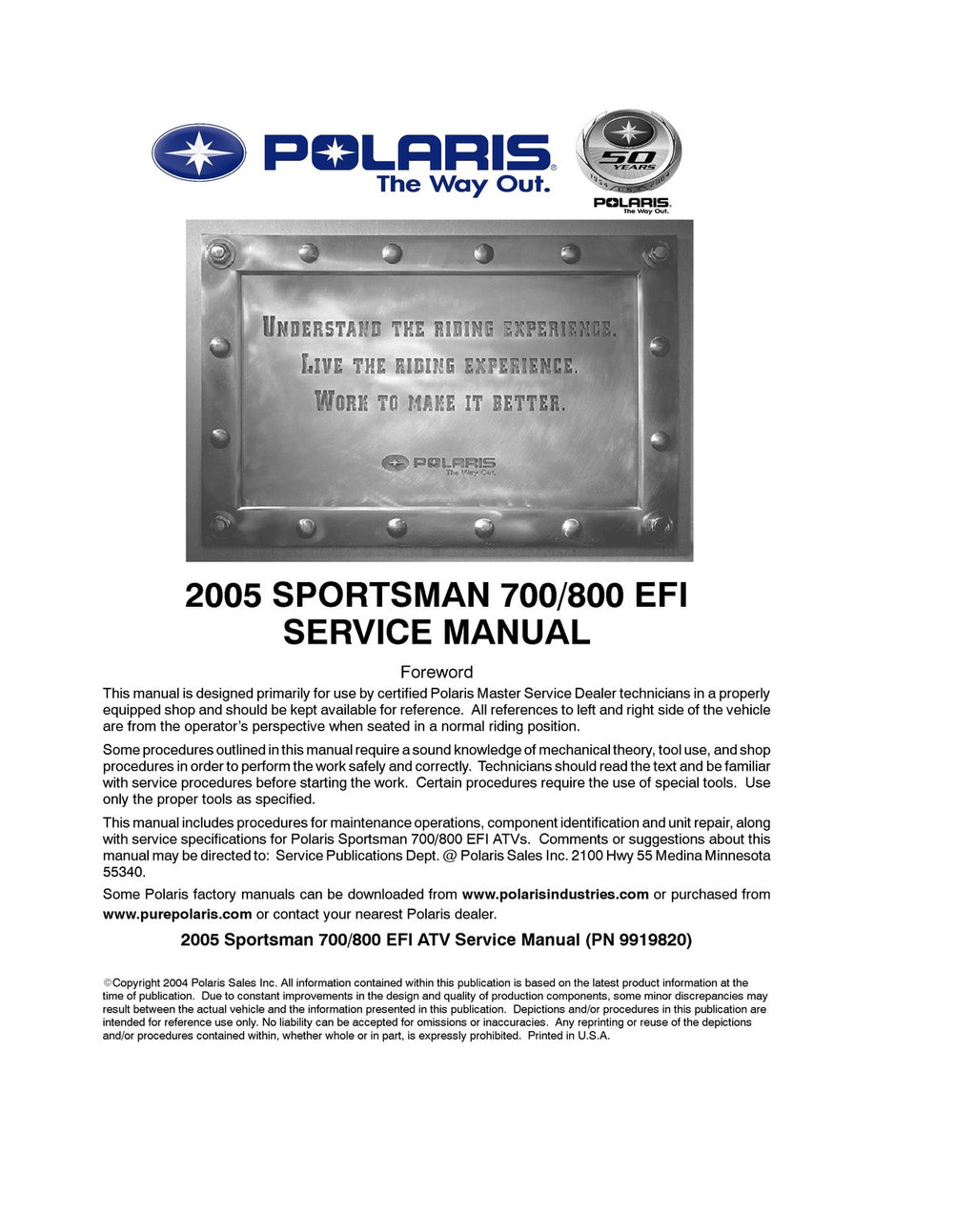 POLARIS Sportsman 700 EFI 2005 Service Manual - BOUND - COVERS - XL FOLDOUTS