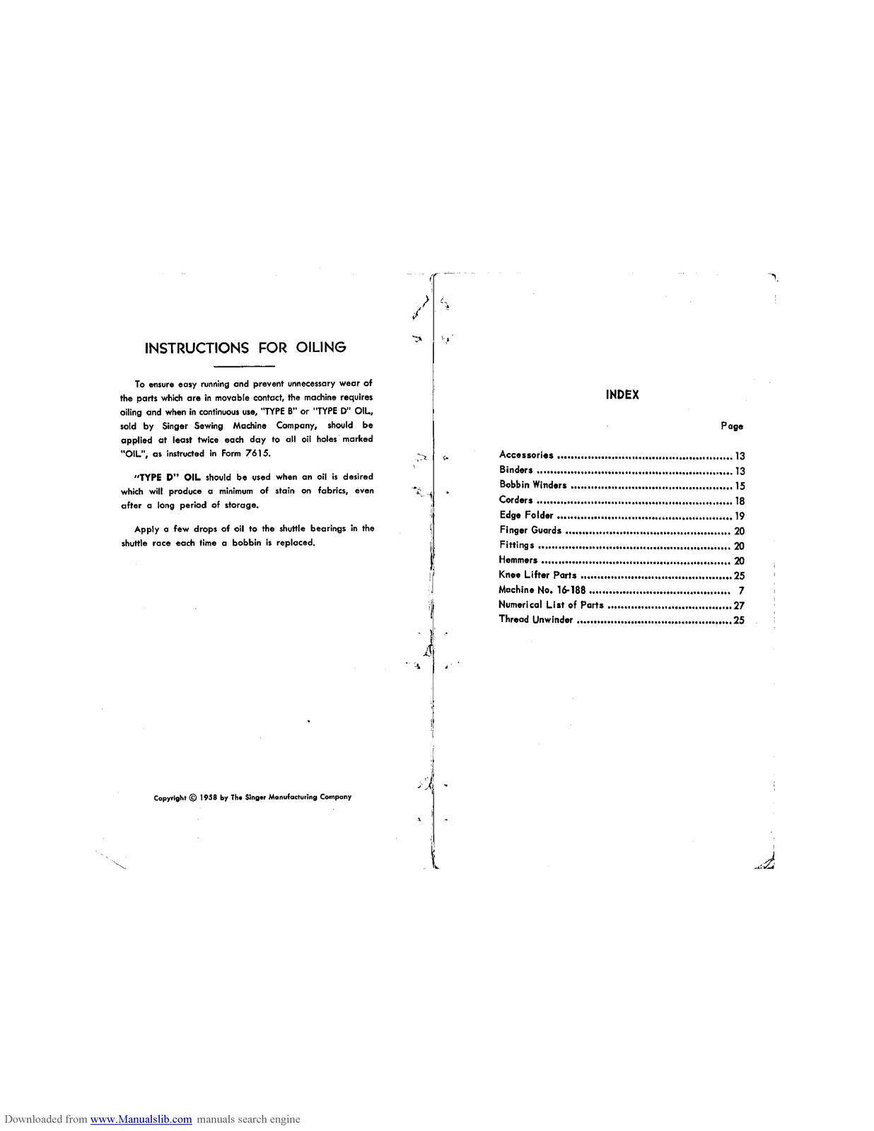 SINGER 16-188 Sewing Machine Parts List Manual 1958 - WIRE BOUND - TOUGH COVERS