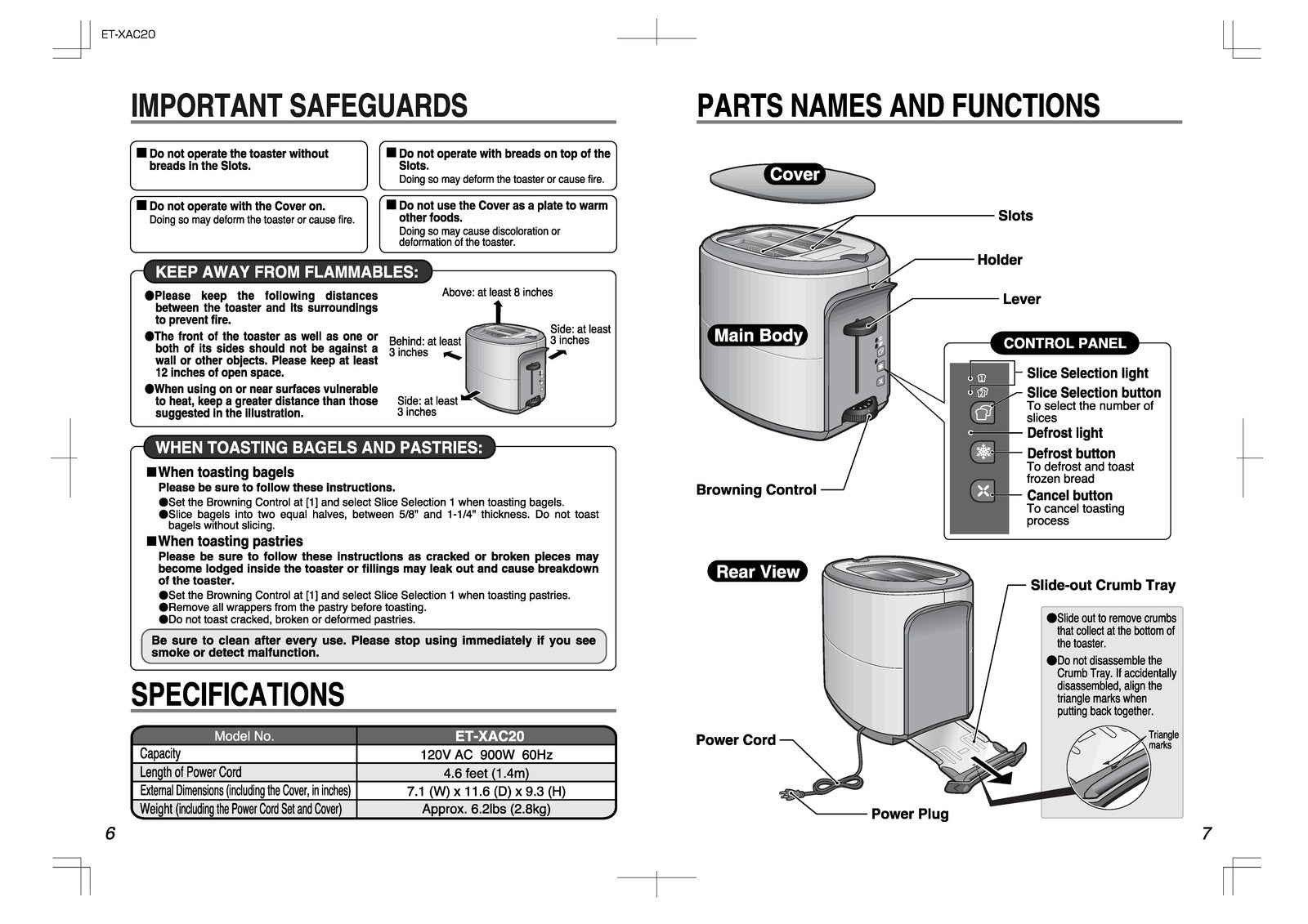 ZOJIRUSHI ET-XAC20 Pop-Up Toaster Operating Instructions Manual 2 - WIRE BOUND
