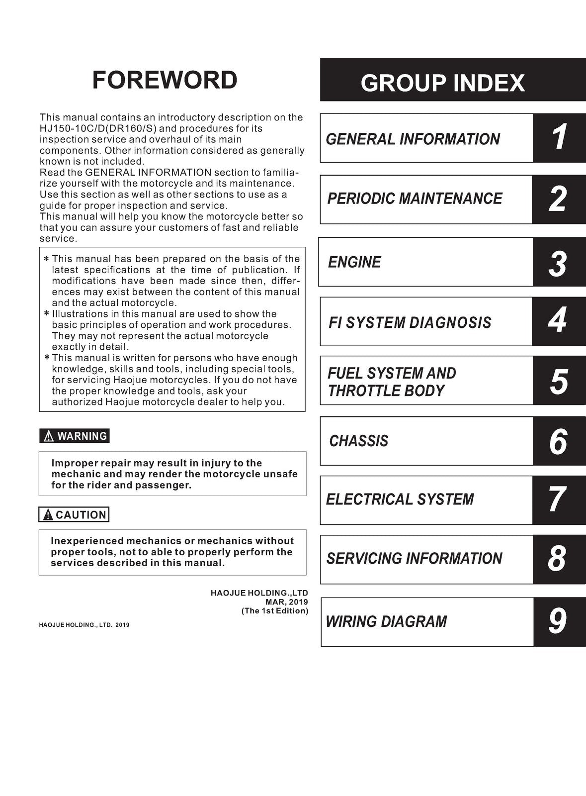 HAOJUE DR160 HJ150-10C Motorcycle Service Manual - BOUND - COVERS - XL FOLDOUTS