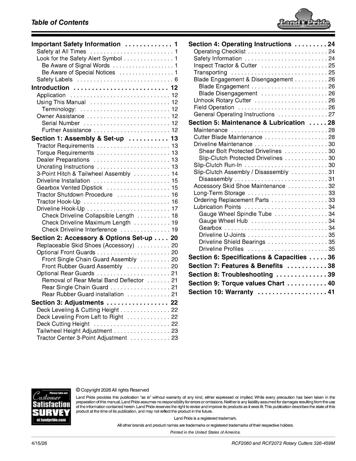 LAND PRIDE RCF2060 RCF2072 Rotary Cutters Operators Manual 2026 - WIRE BOUND