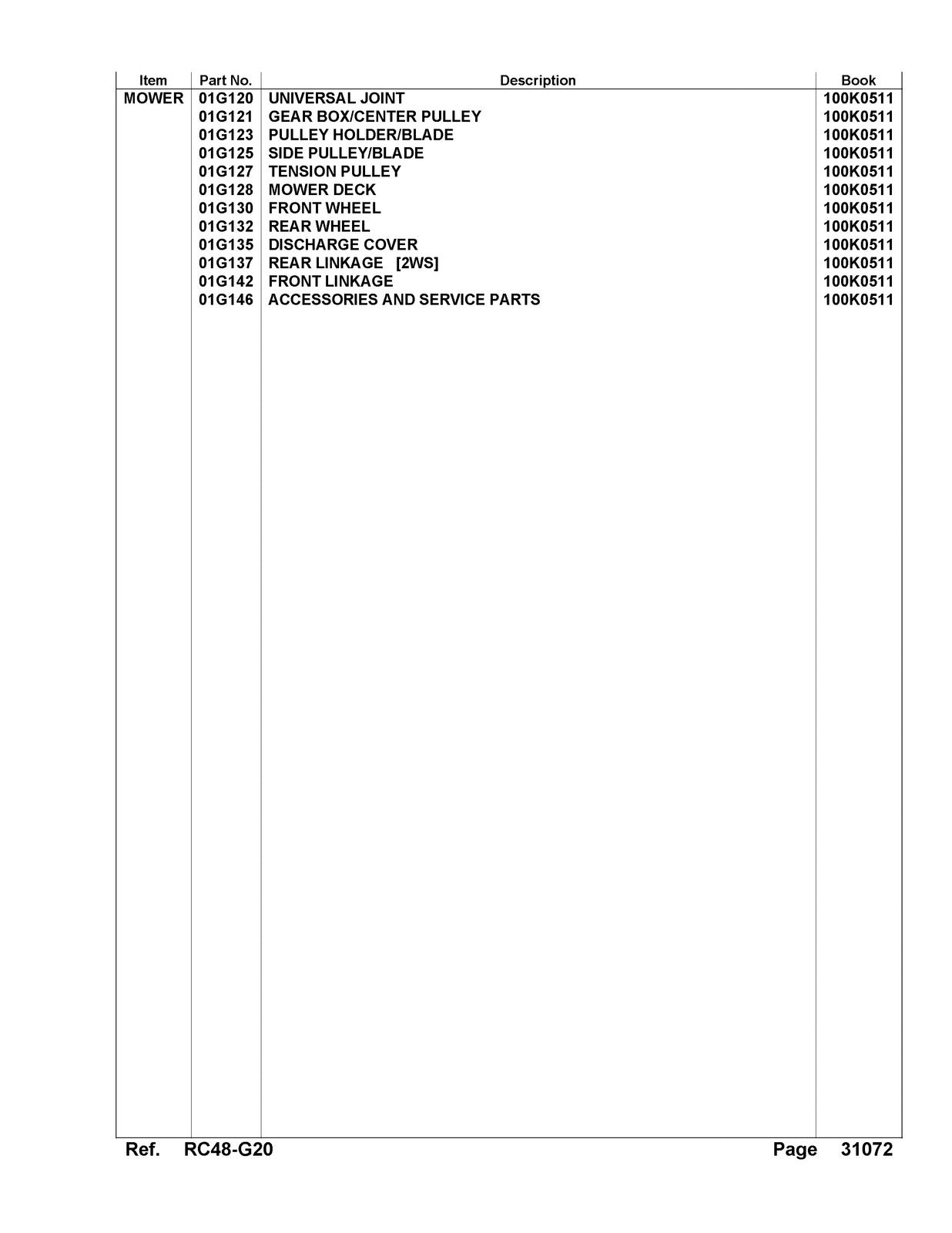 KUBOTA RC48-G20 Mower Deck Parts List Manual - STEEL WIRE BOUND - TOUGH COVERS