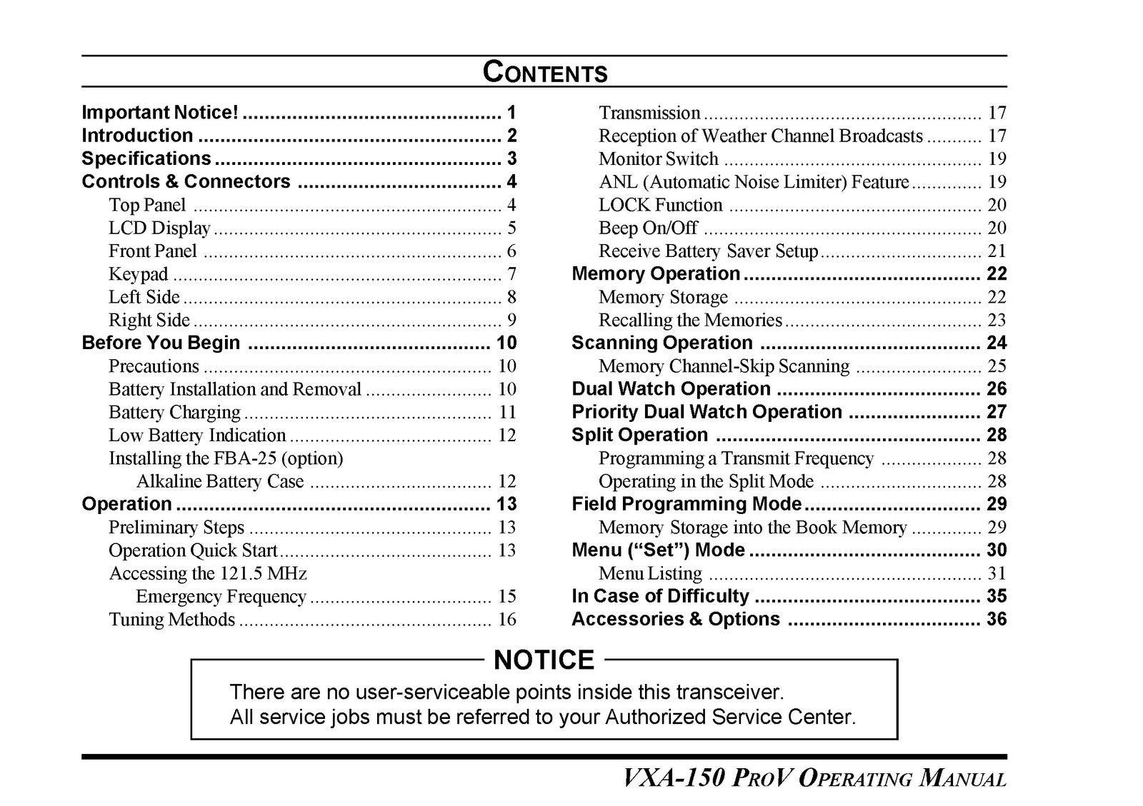 VERTEX STANDARD VXA-150 Air Band Transceiver Operating Manual - WIRE BOUND