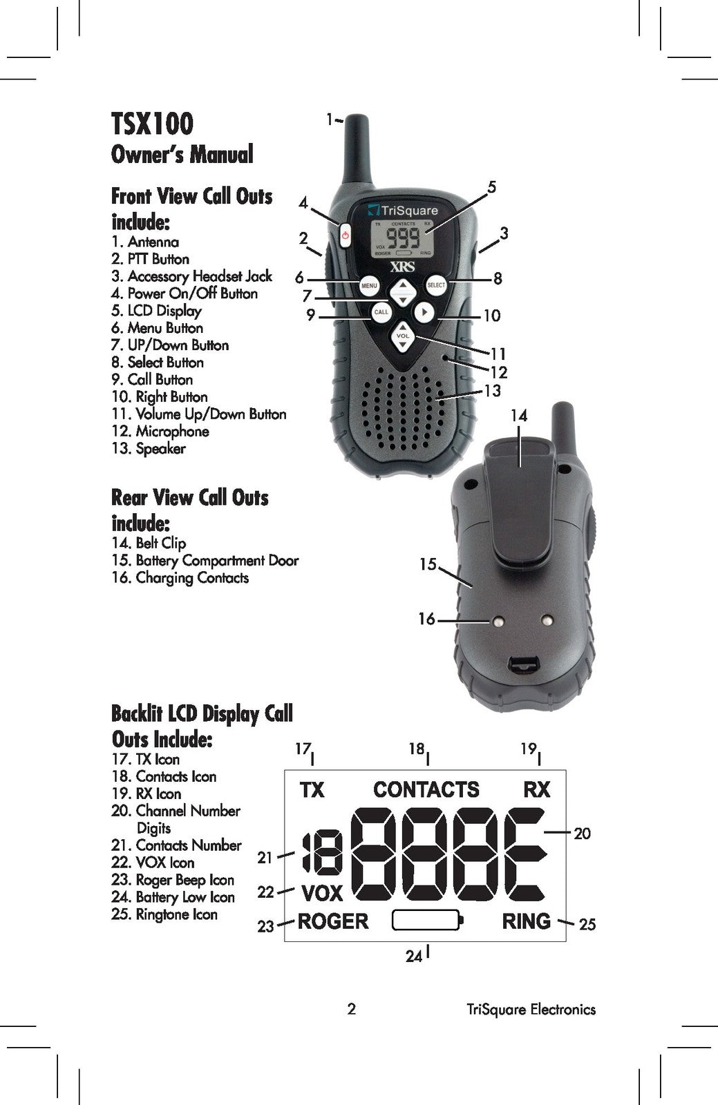 TRISQUARE TSX100 eXRS Two-Way Radio Owners Manual - WIRE BOUND - TOUGH COVERS