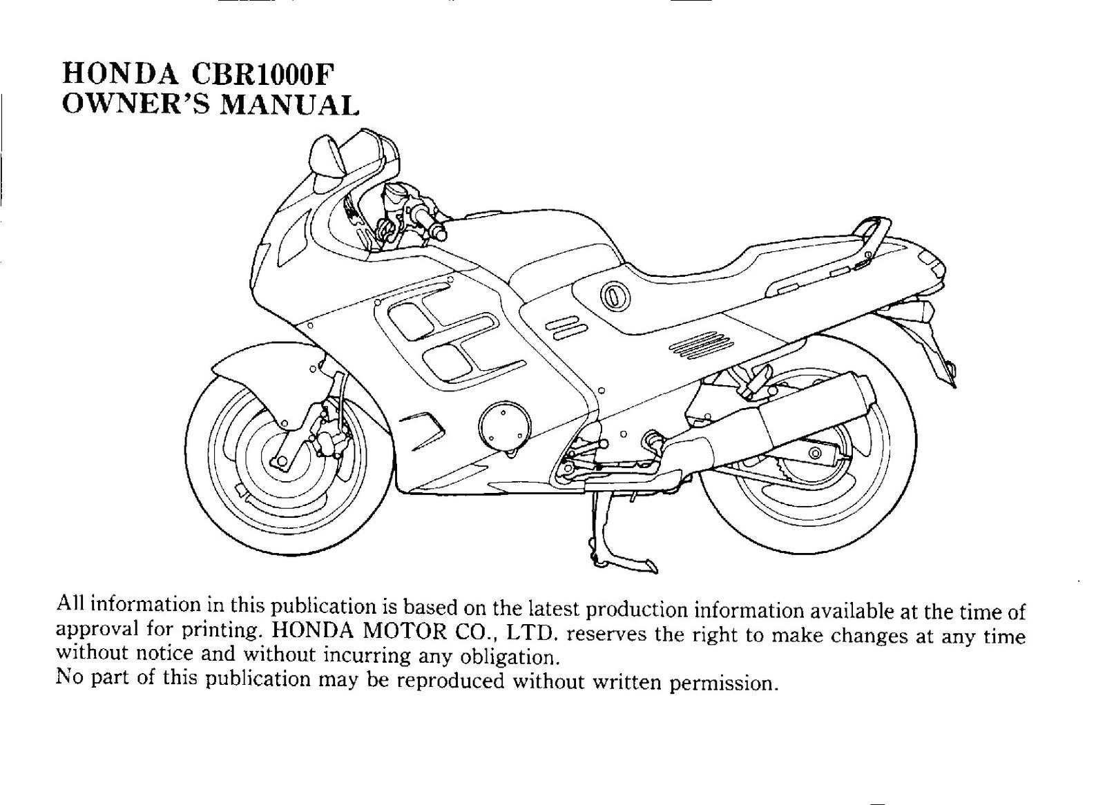 HONDA CBR1000F Motorcycle Owners Manual 1988 - BOUND - COVERS - XL FOLDOUT PAGES
