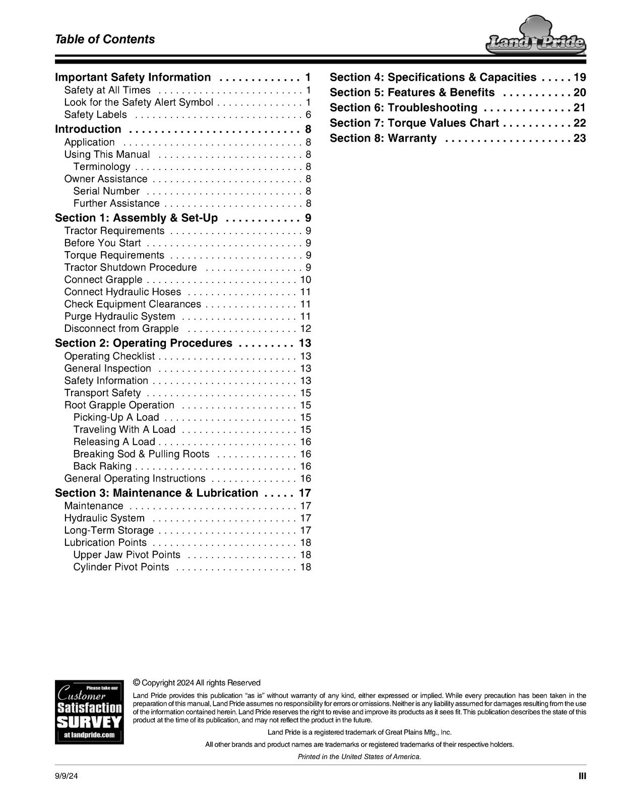 LAND PRIDE RG15 Series Root Grapples Operators Manual - WIRE BOUND - COVERS