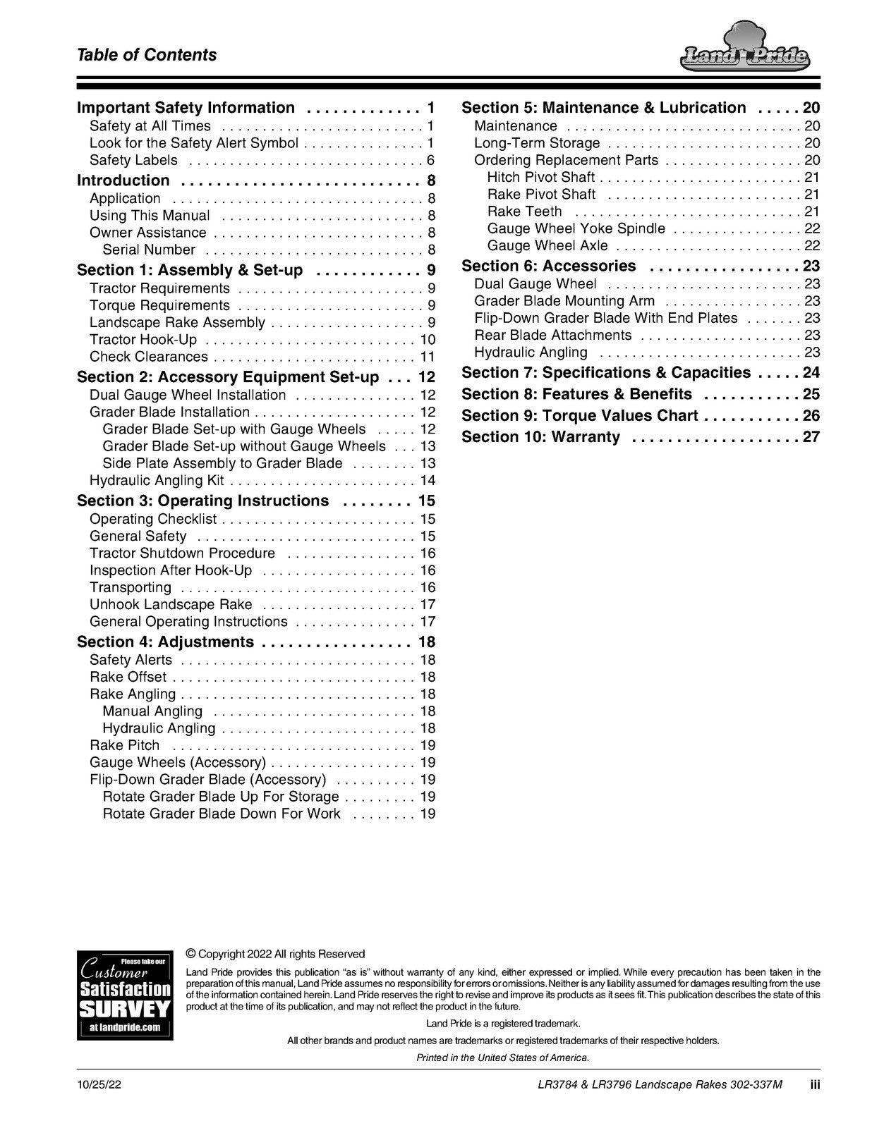LAND PRIDE LR37 Series Landscape Rakes Operators Manual - WIRE BOUND - COVERS