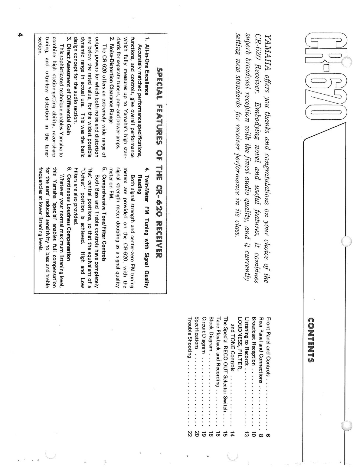 YAMAHA CR-620 AMFM Stereo Receiver Owners Manual - WIRE BOUND - TOUGH COVERS