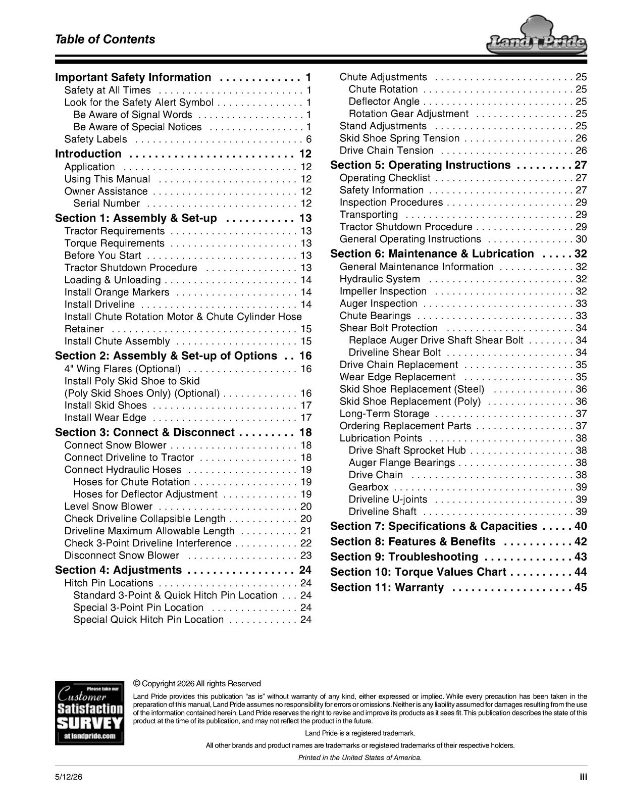 LAND PRIDE SBP16 Series Snow Blowers Operators Manual 2026 - WIRE BOUND - COVERS