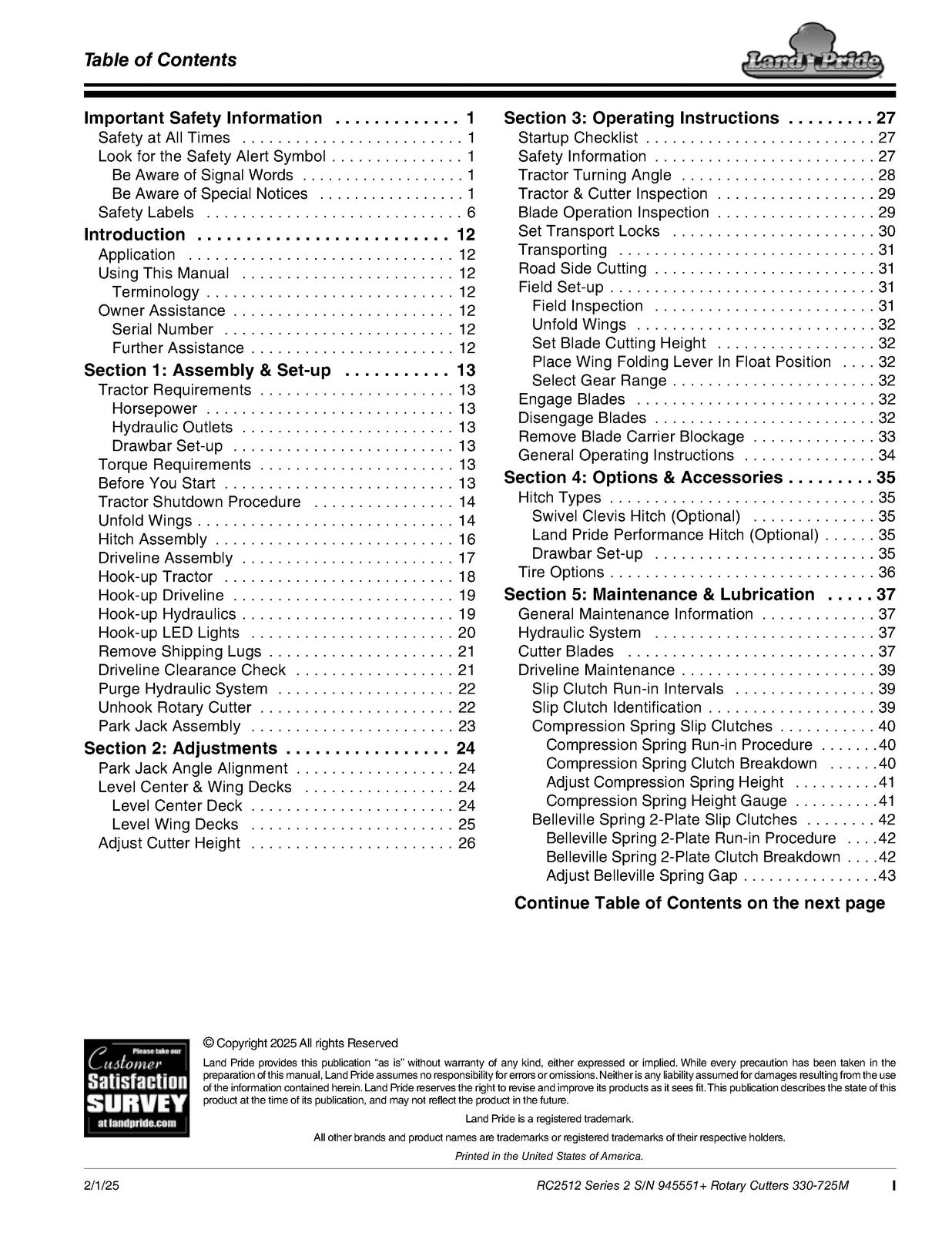 LAND PRIDE RC2512 Rotary Cutters Operators Manual - WIRE BOUND - TOUGH COVERS