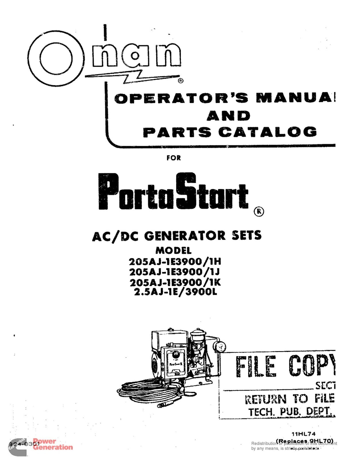 ONAN PortaStart AJ Spec H L Operators And Parts Manual - WIRE BOUND - COVERS