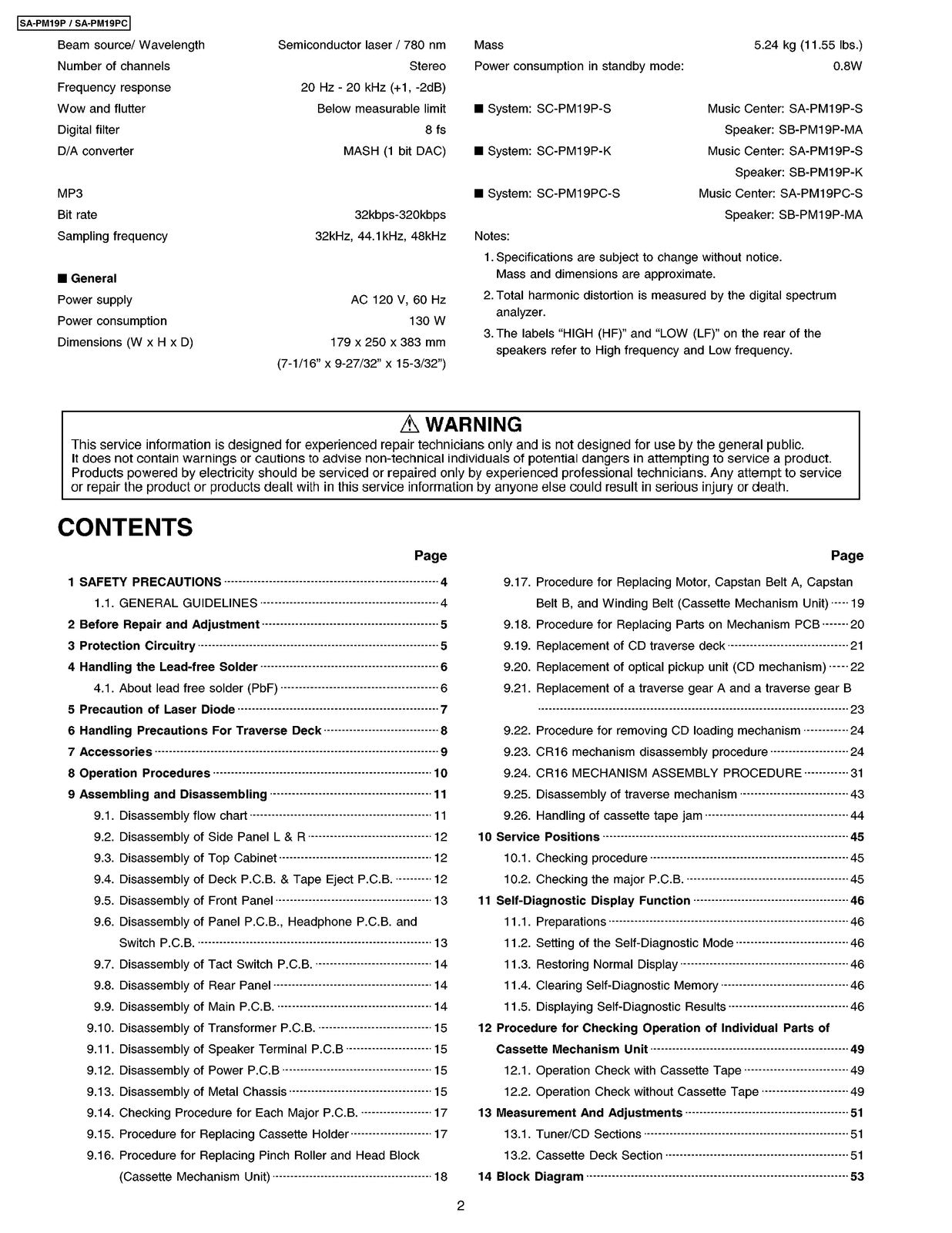 PANASONIC SA-PM19 SA-PM19PC CD Stereo System Service Manual 2004 - WIRE BOUND