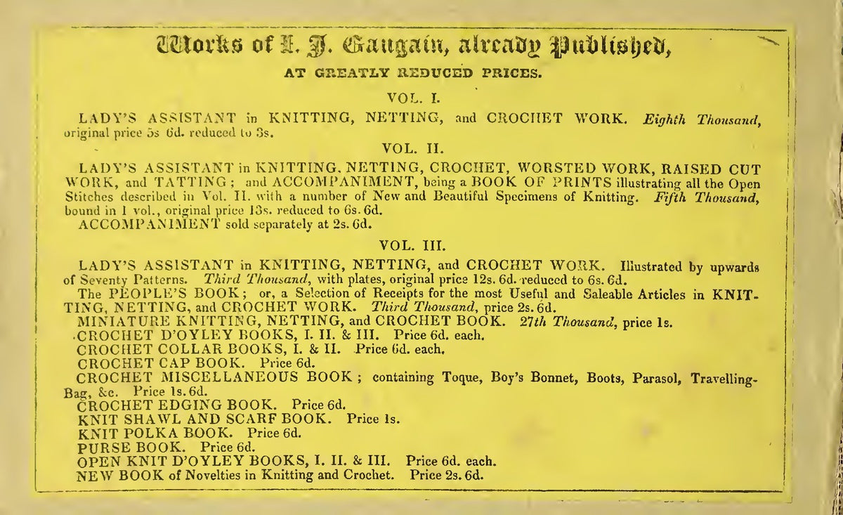 GAUGAIN Ladys Assistant Vol I Knitting Netting Crochet Manual 1847 - WIRE BOUND