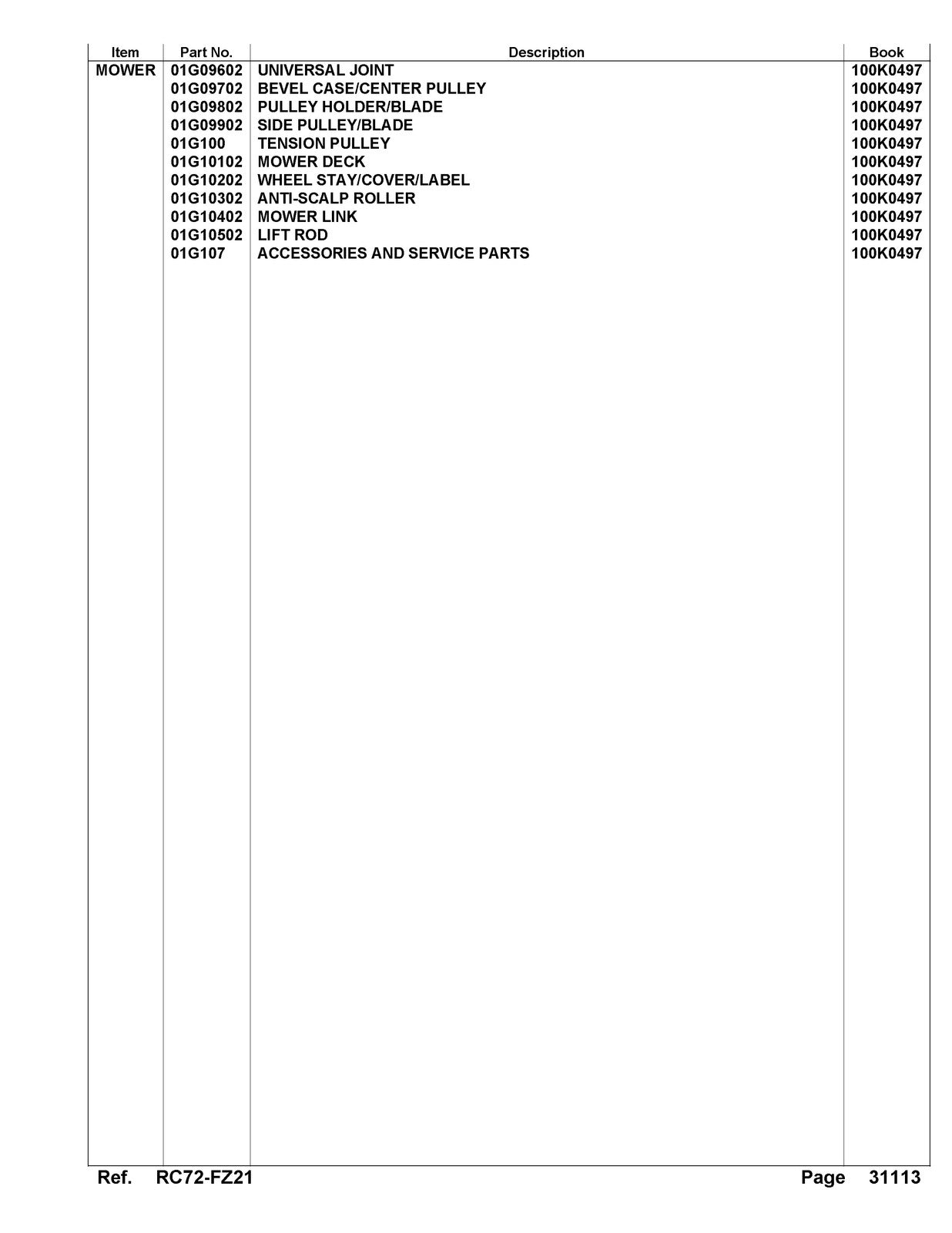 KUBOTA RC72-FZ21 Parts Manual - STEEL WIRE BOUND - PROTECTIVE COVERS