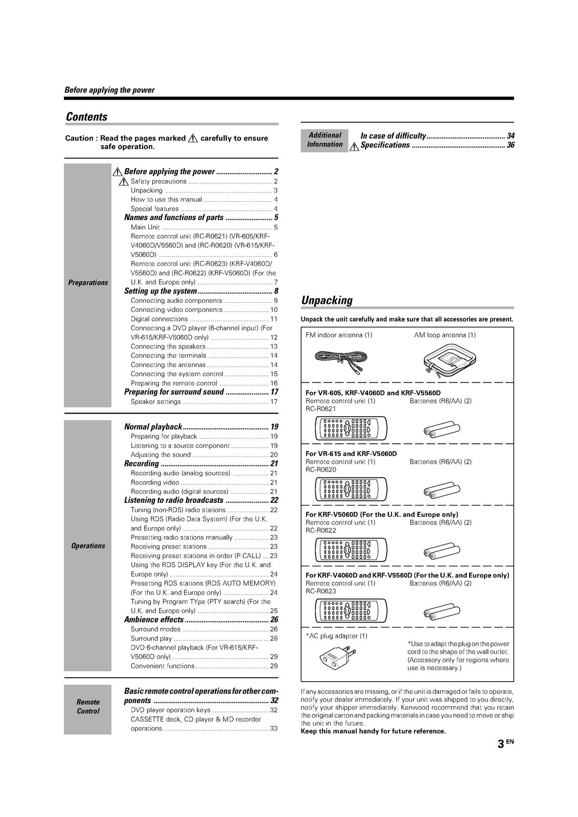 KENWOOD VR-605 VR-615 KRF-V5060D KRF-V4060D KRF-V5560D Instruction Manual