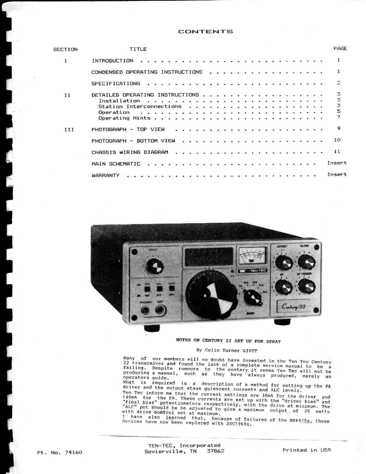 TEN TEC Century 22 Owners Manual - STEEL WIRE BOUND - PROTECTIVE COVERS