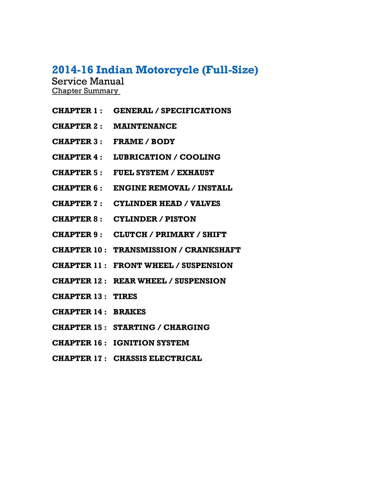INDIAN Full Size Motorcycle Service Manual 2014-2016 - WIRE BOUND - TOUGH COVERS
