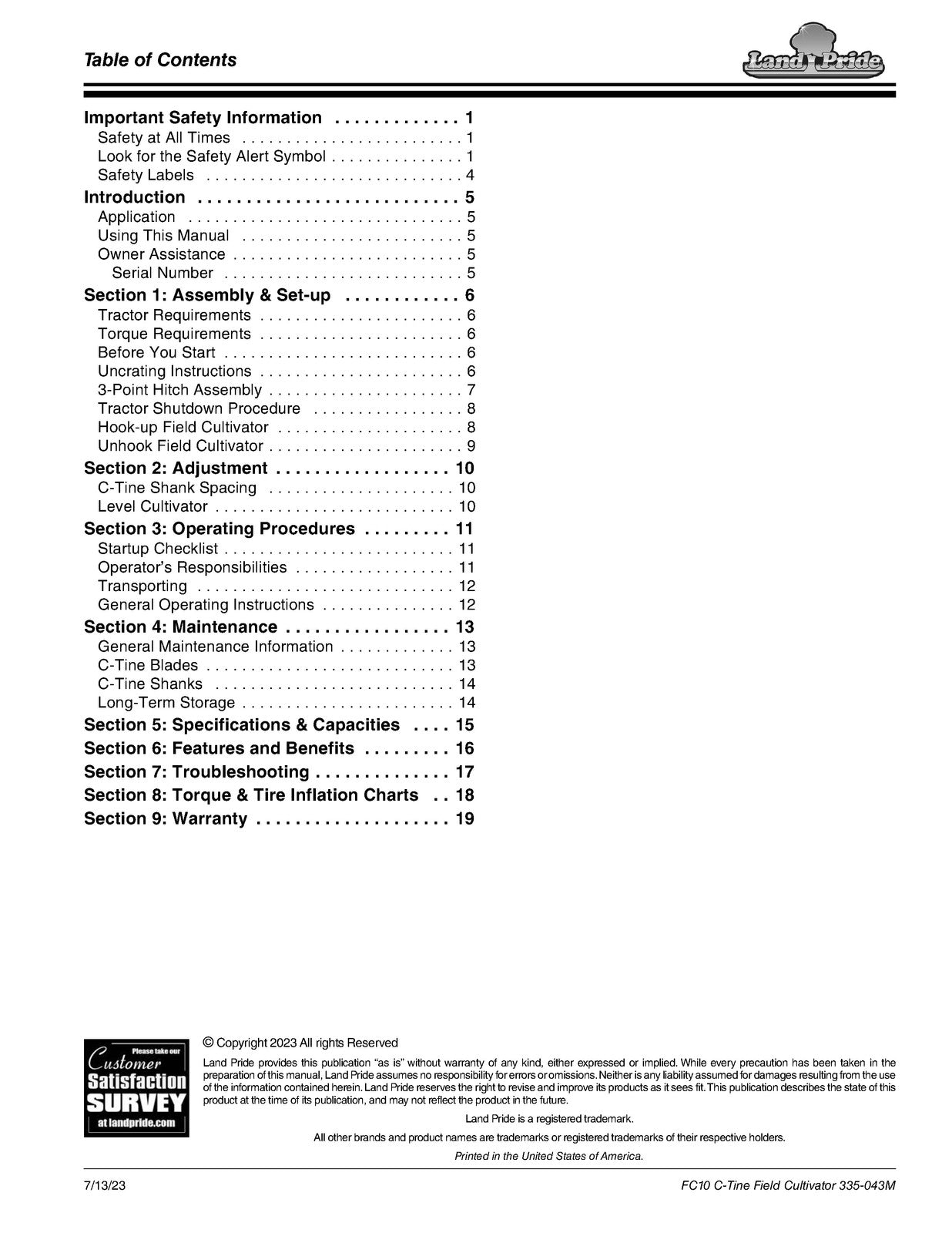 LAND PRIDE FC10 Series Field Cultivator Operators Manual - WIRE BOUND - COVERS