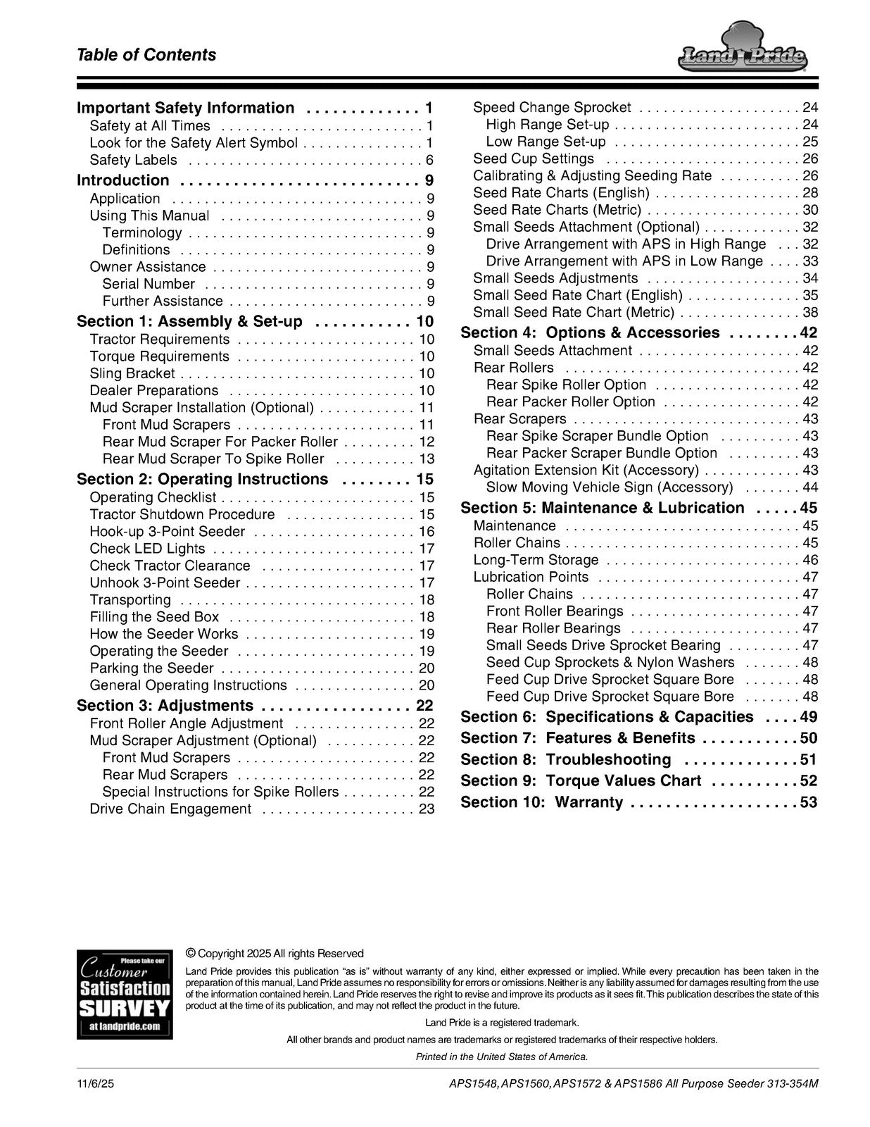 LAND PRIDE APS15 Series All Purpose Seeders Operators Manual - WIRE BOUND