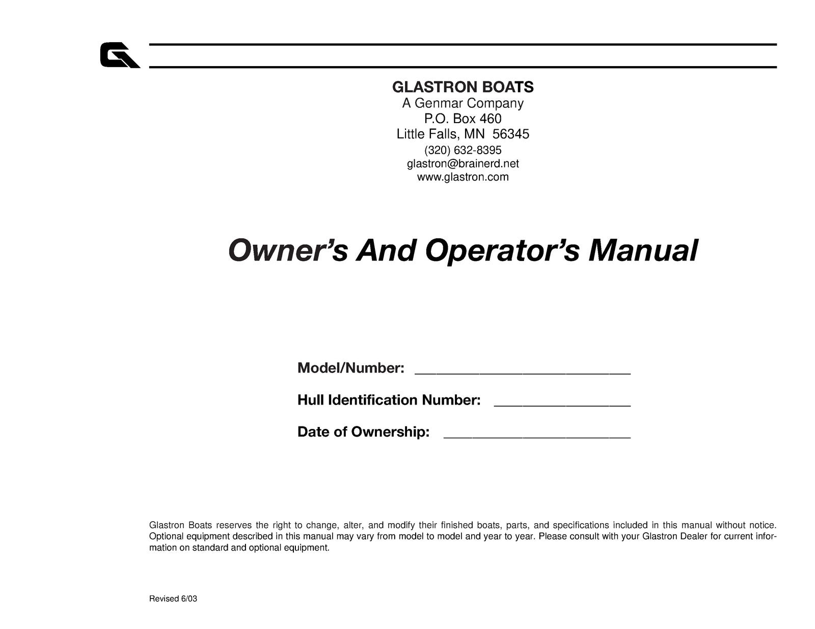 GLASTRON 2003 Boat Owners And Operators Manual - STEEL WIRE BOUND - TOUGH COVERS