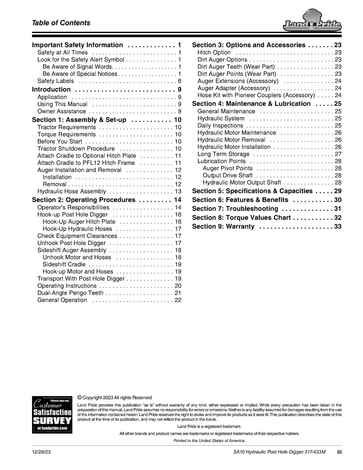 LAND PRIDE SA10 Series Hydraulic Post Hole Digger Operators Manual - WIRE BOUND