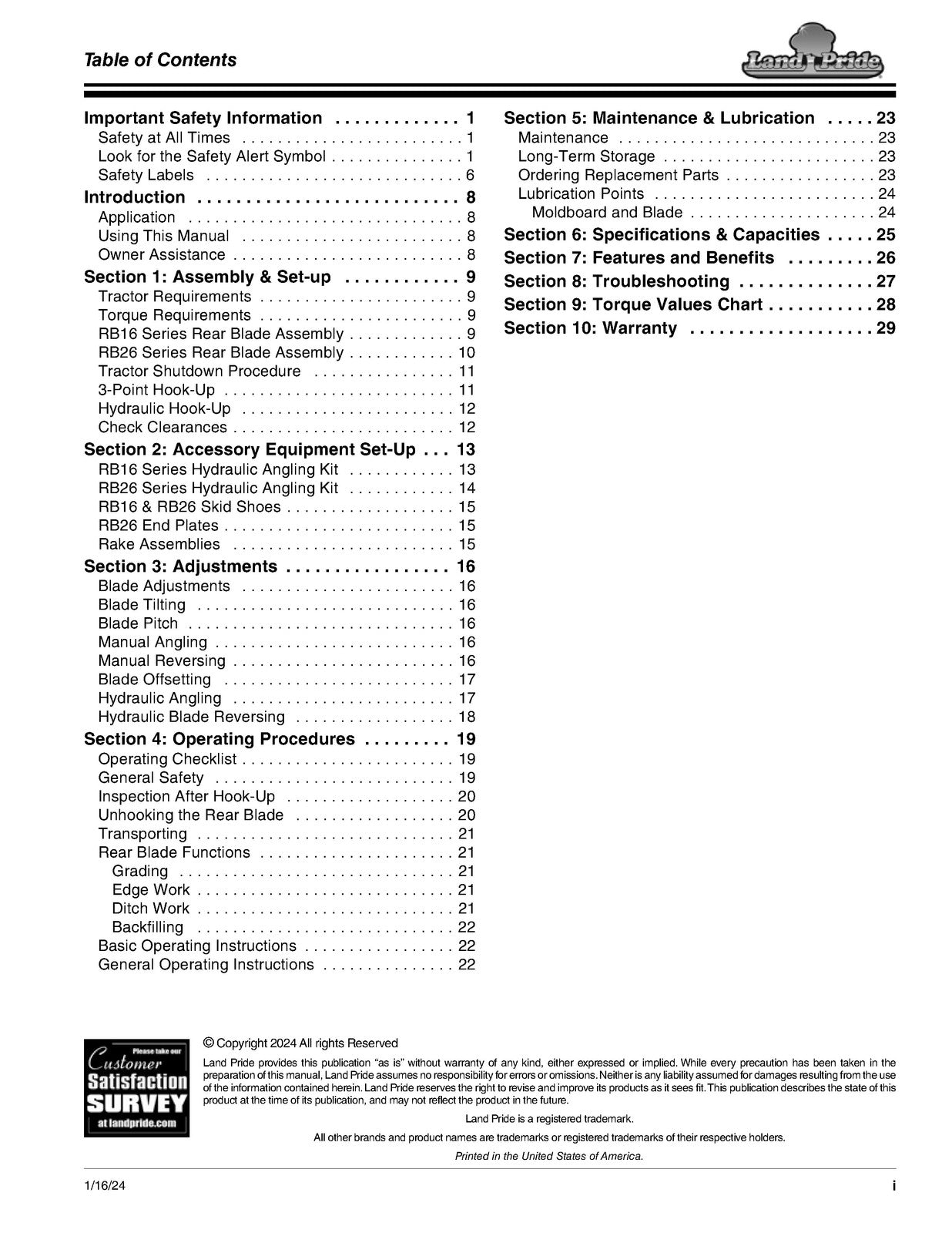 LAND PRIDE RB16 Series Rear Blades Operators Manual - WIRE BOUND - TOUGH COVERS
