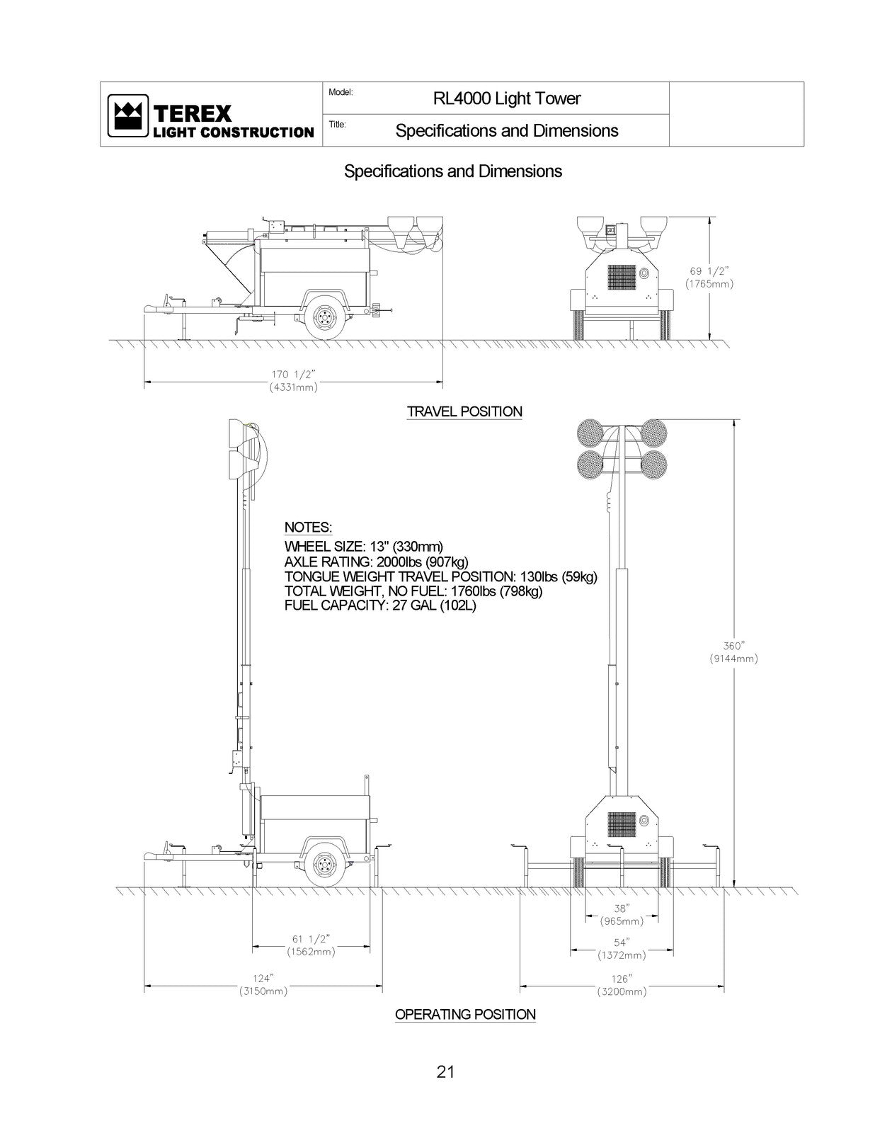 GENIE RL4000D1 Light Tower Service Parts Manual 2006 SN FOF-15979 Up - BOUND