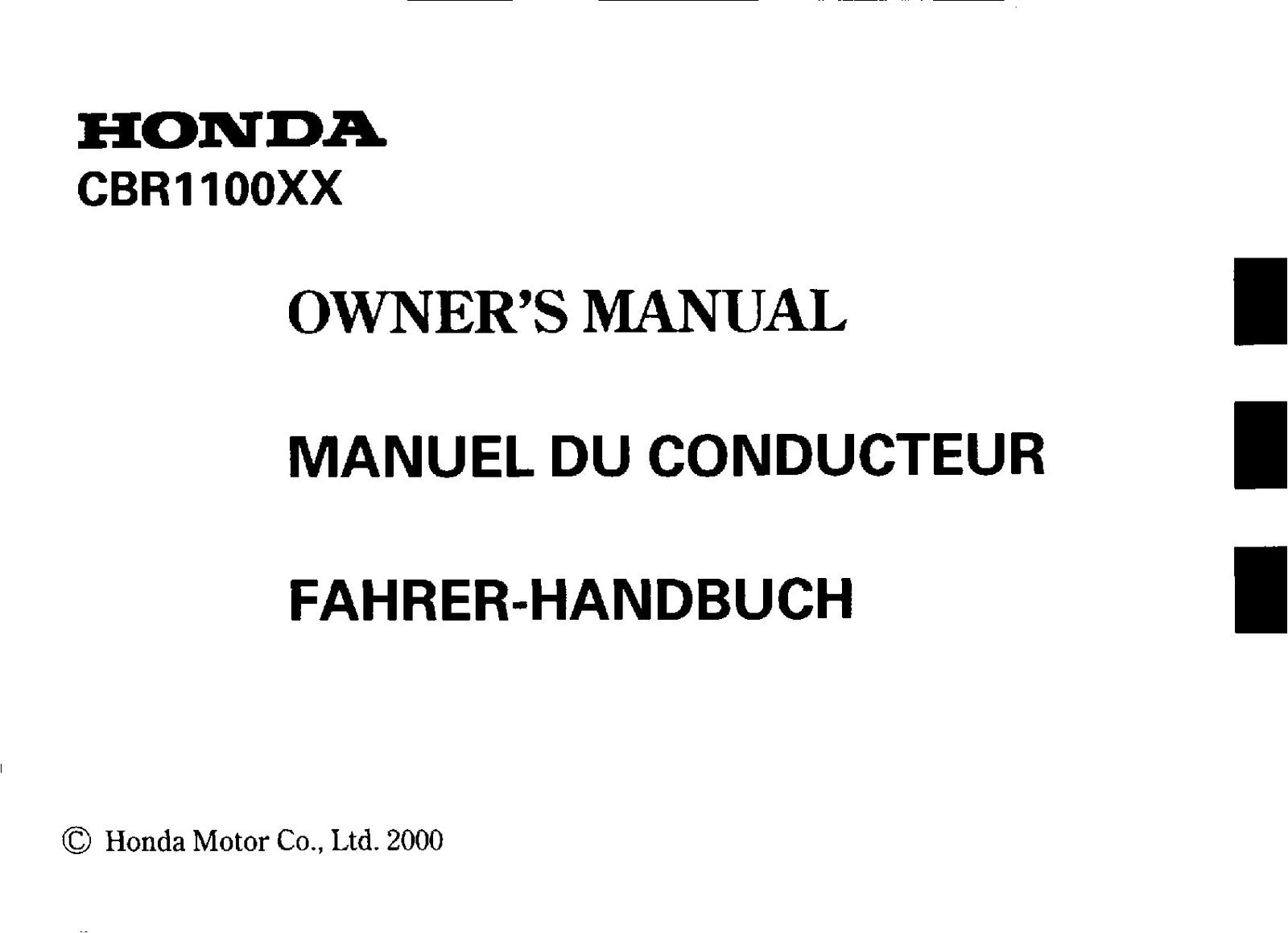 HONDA CBR1100XX Motorcycle Owners Manual 2000 - BOUND - COVERS - XL FOLDOUTS