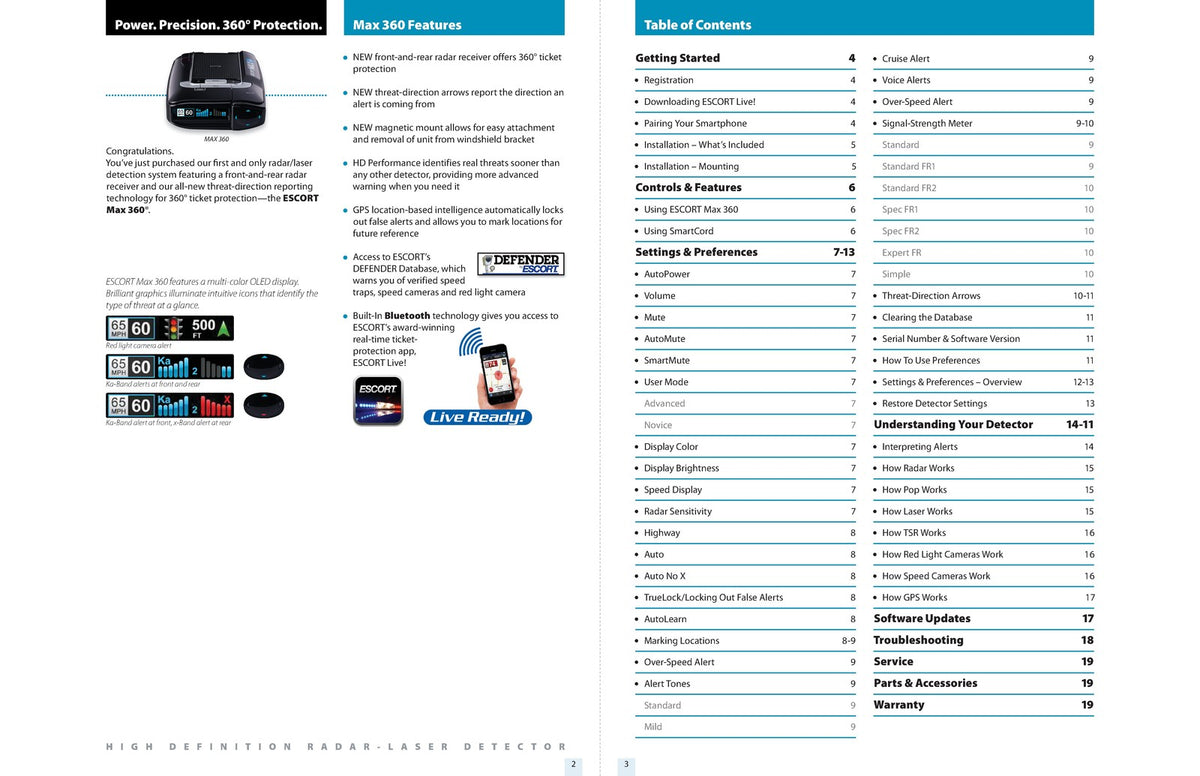 ESCORT Max 360 Radar Laser Detector Owners Manual 2015 - WIRE BOUND - COVERS
