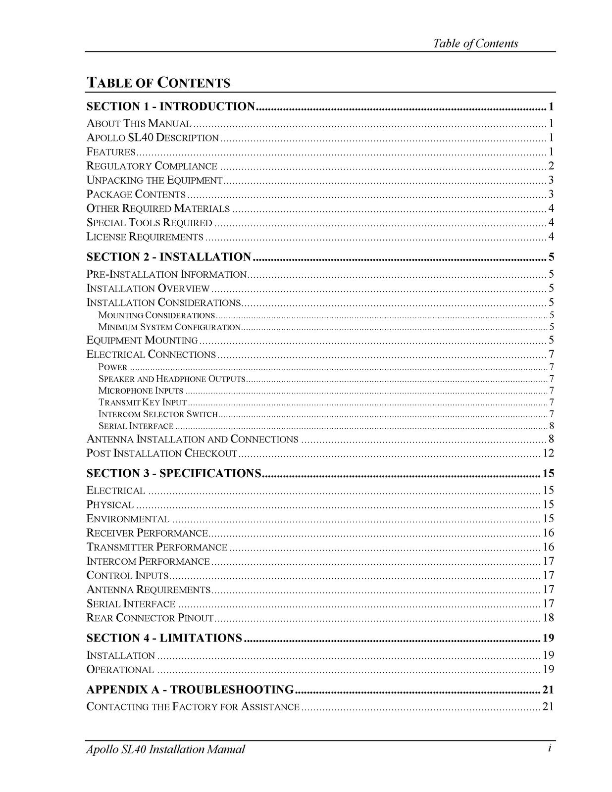 GARMIN APOLLO SL40 VHF COMM Transceiver Installation Manual 2003 - WIRE BOUND