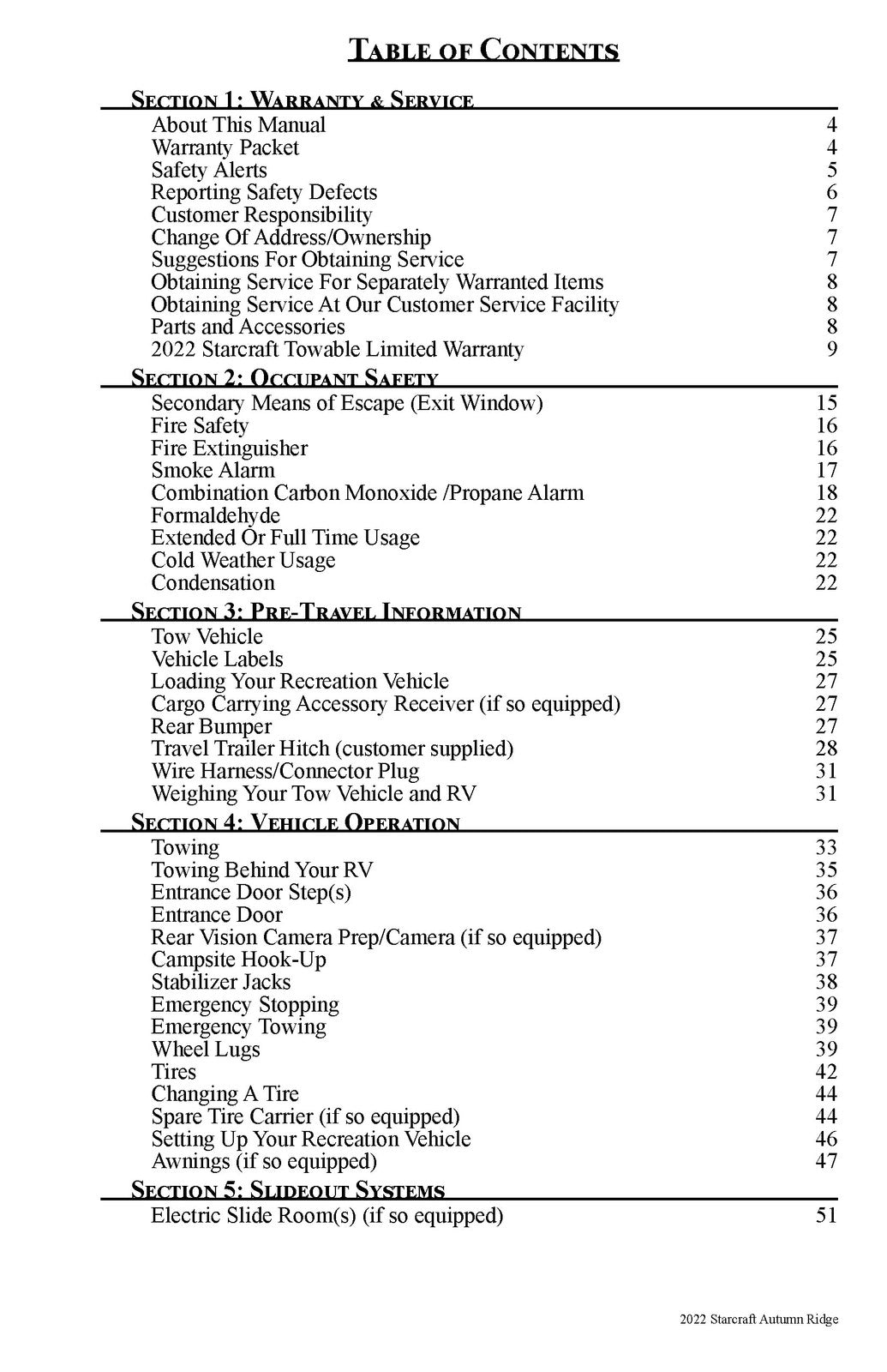 STARCRAFT 2022 Autumn Ridge Outfitter Travel Trailer Owners Manual - WIRE BOUND