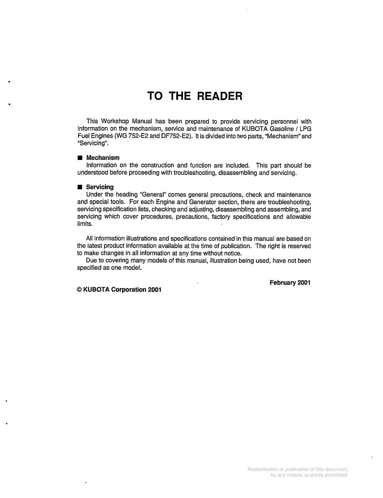KUBOTA WG752-E2 DF752-E2 Gasoline LPG Engine Workshop Manual 2003 - WIRE BOUND