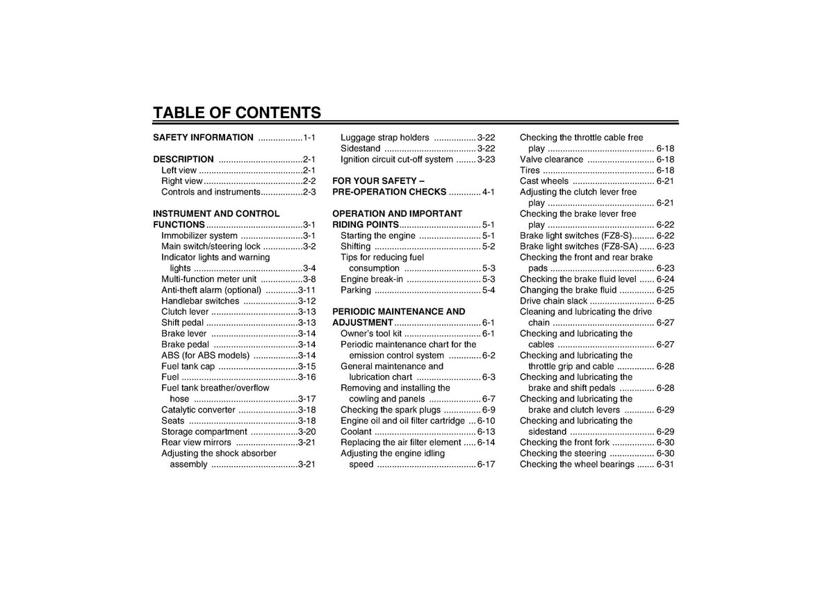 YAMAHA FZ8-S FZ8-SA Owners Manual 2011 - STEEL WIRE BOUND - PROTECTIVE COVERS