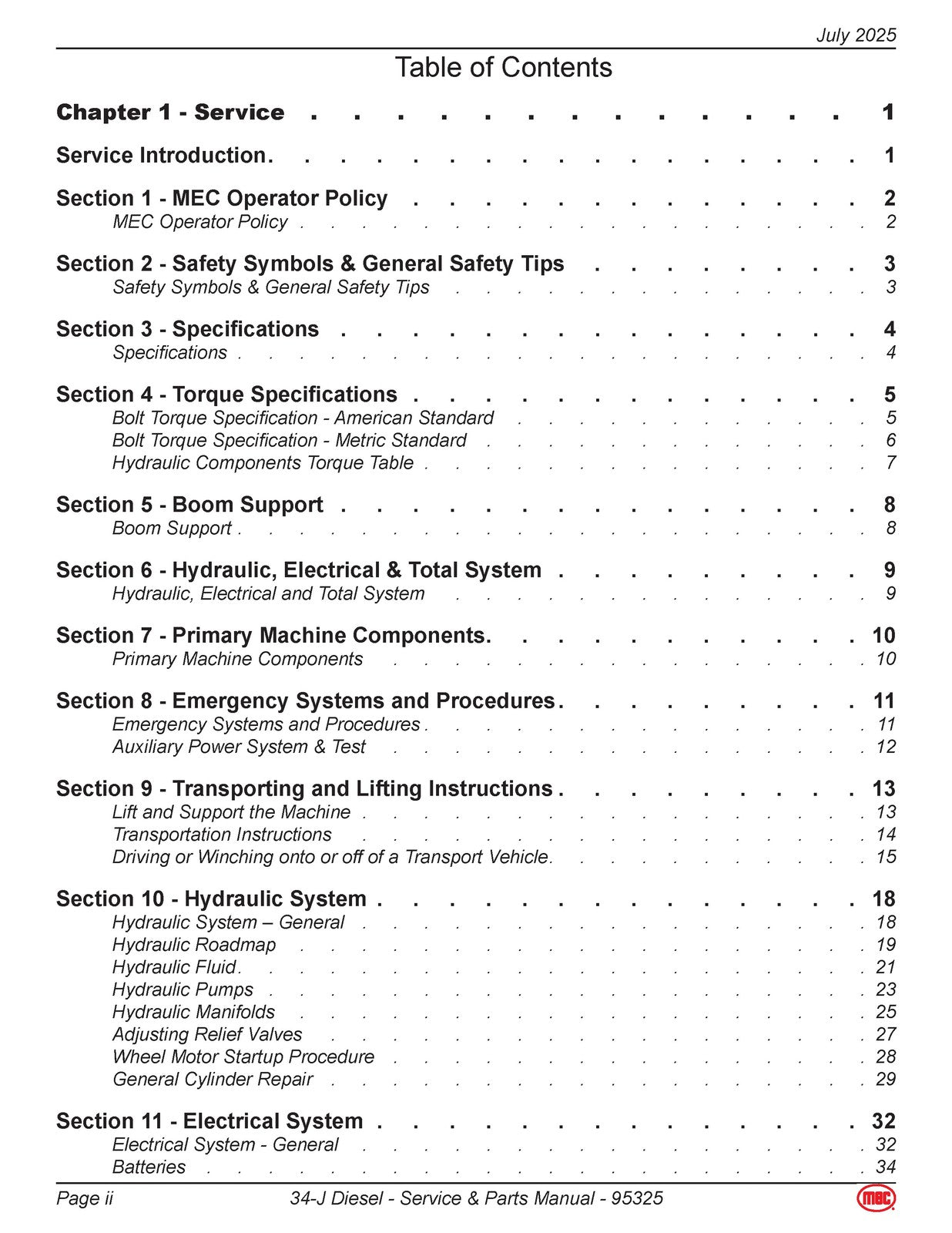 MEC 34-J Diesel Aerial Work Platform Service  Parts Manual - WIRE BOUND