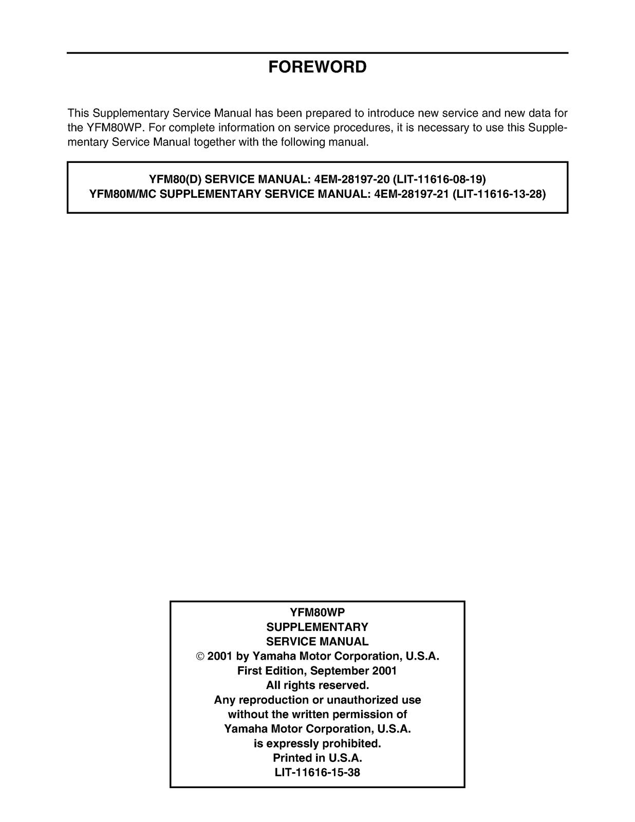 YAMAHA Raptor Badger 80 YFM80 Supplementary Service Manual 2001, FOLDOUTS
