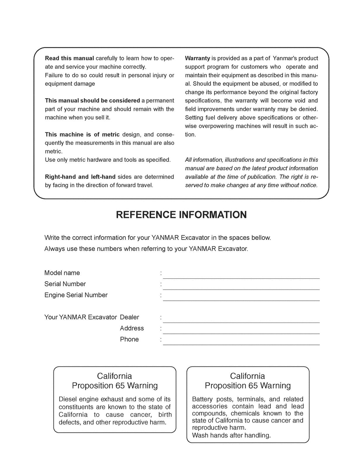 YANMAR ViO45-5 ViO55-5 Excavator Operation and Maintenance Manual - WIRE BOUND
